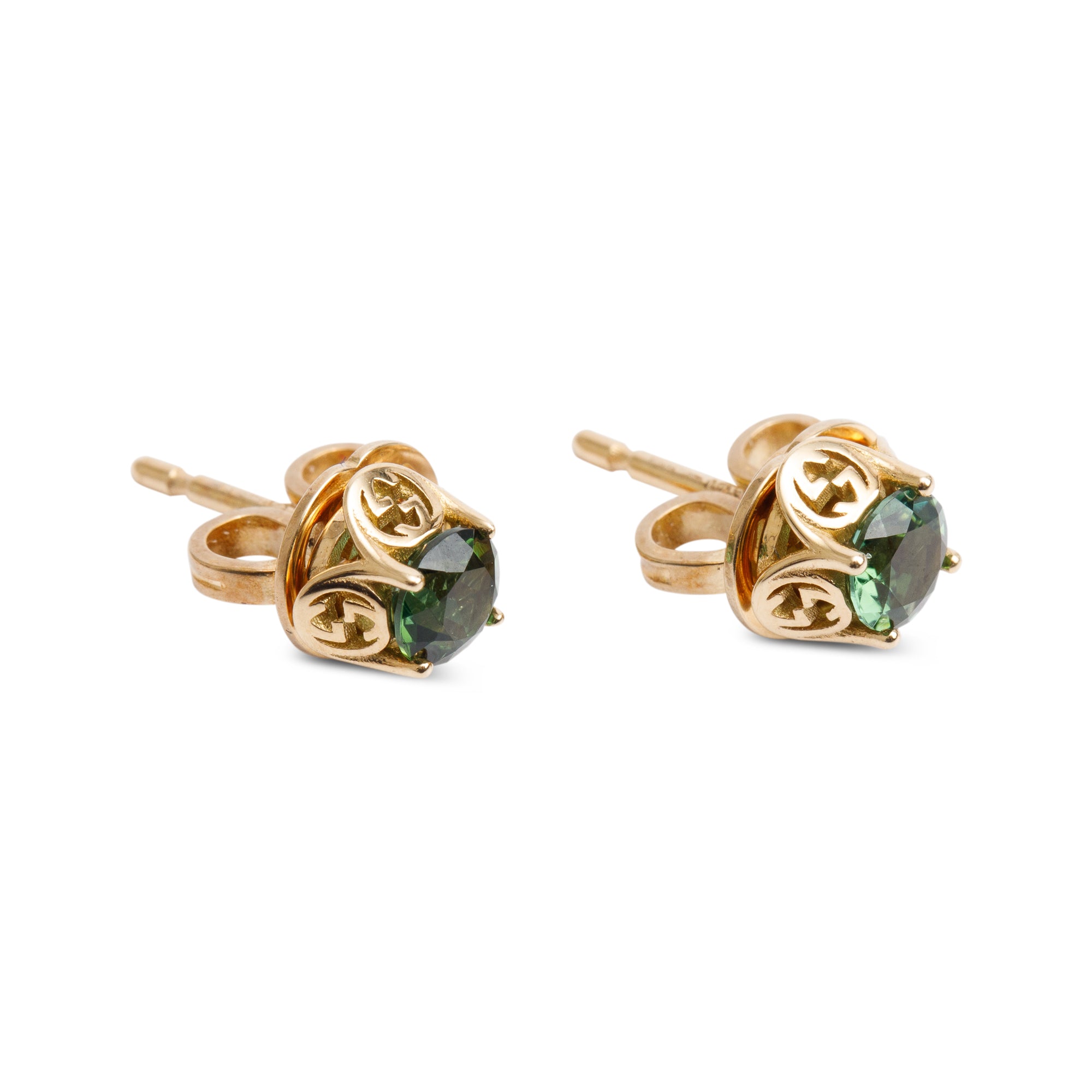 Gucci 18k Yellow Gold Diamond Green Tourmaline Interlocking G Stud Earrings w/ Box