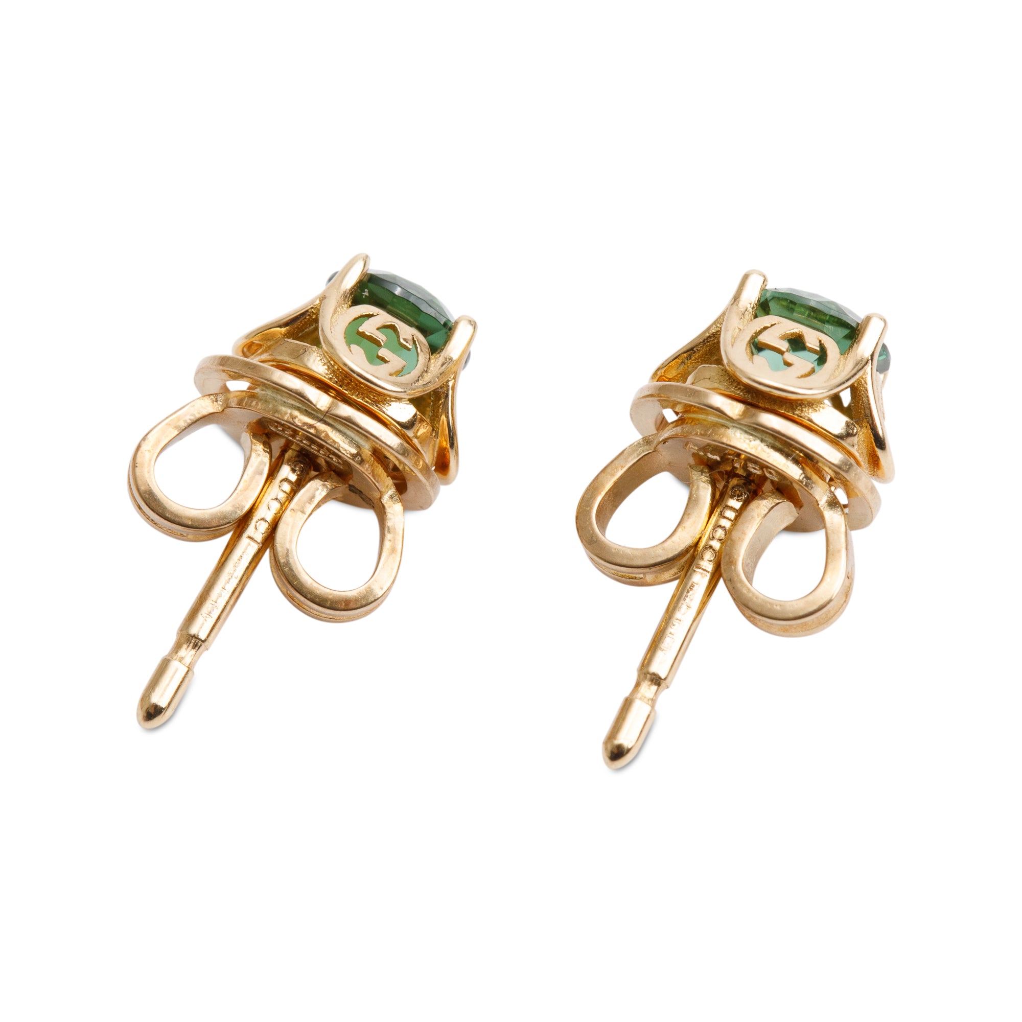 Gucci 18k Yellow Gold Diamond Green Tourmaline Interlocking G Stud Earrings w/ Box