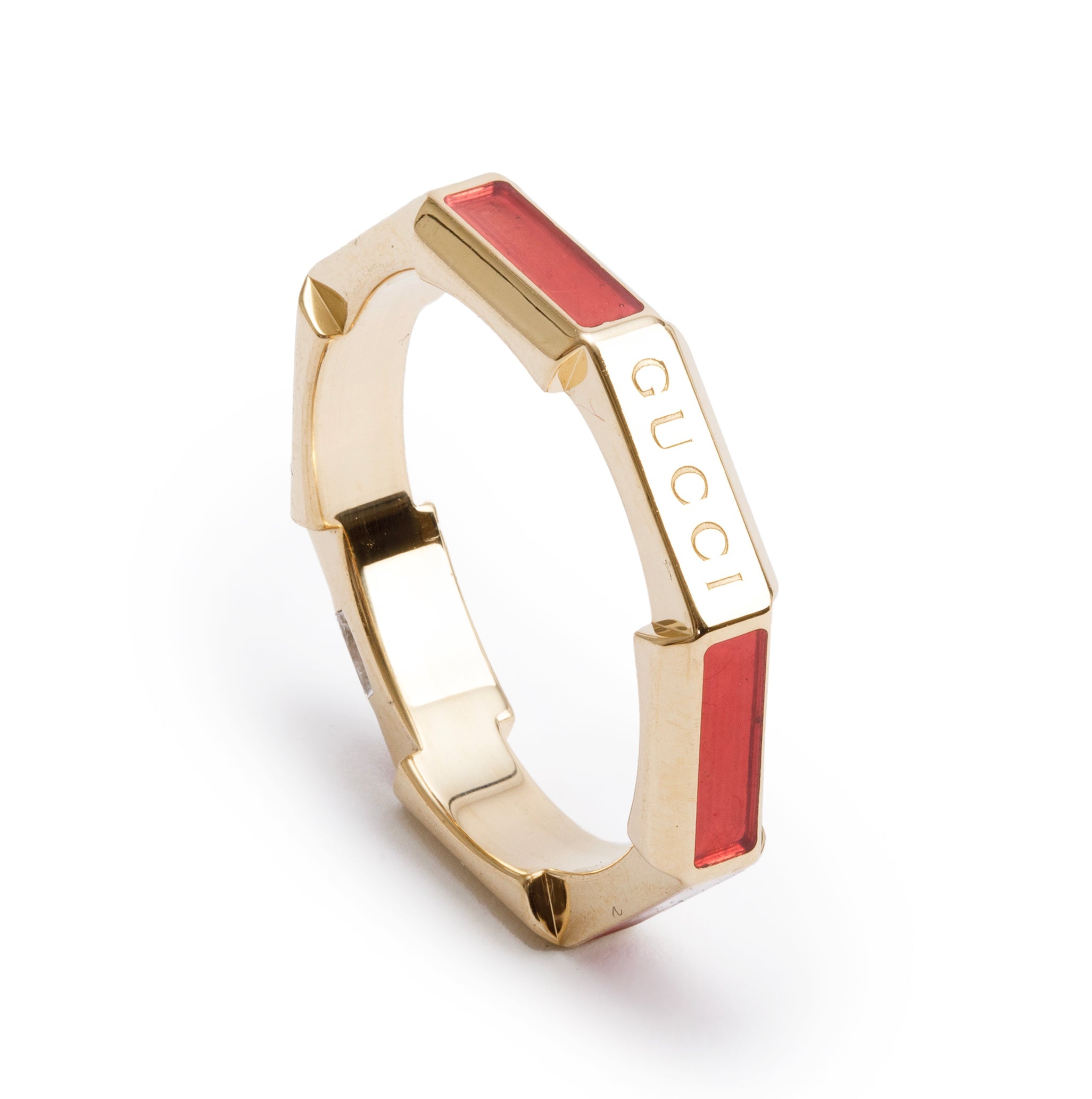 Gucci 18k Yellow Gold Diamond & Red Enamel Link to Love Ring, Size 12 6