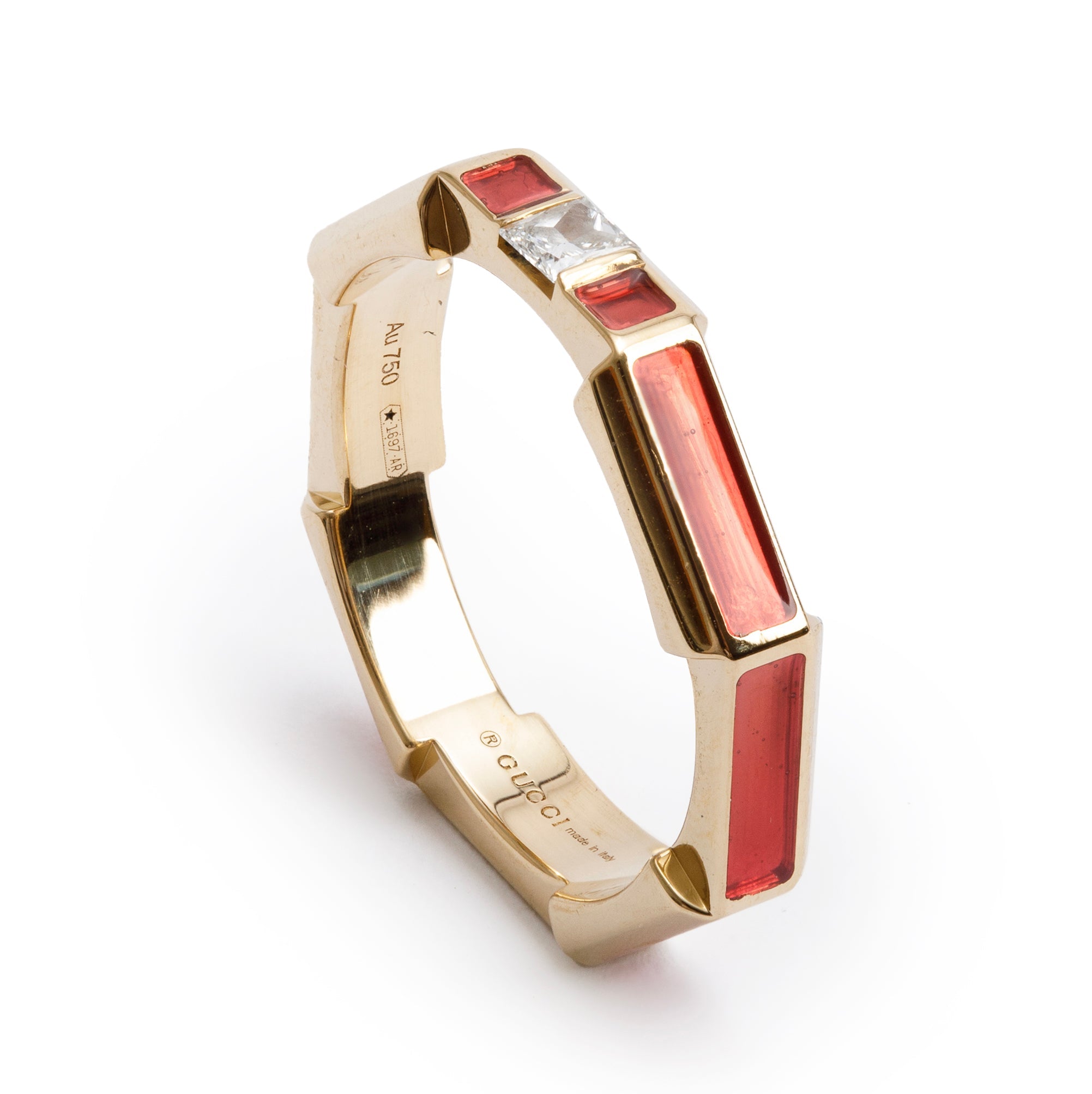 Gucci 18k Yellow Gold Diamond & Red Enamel Link to Love Ring, Size 12 6