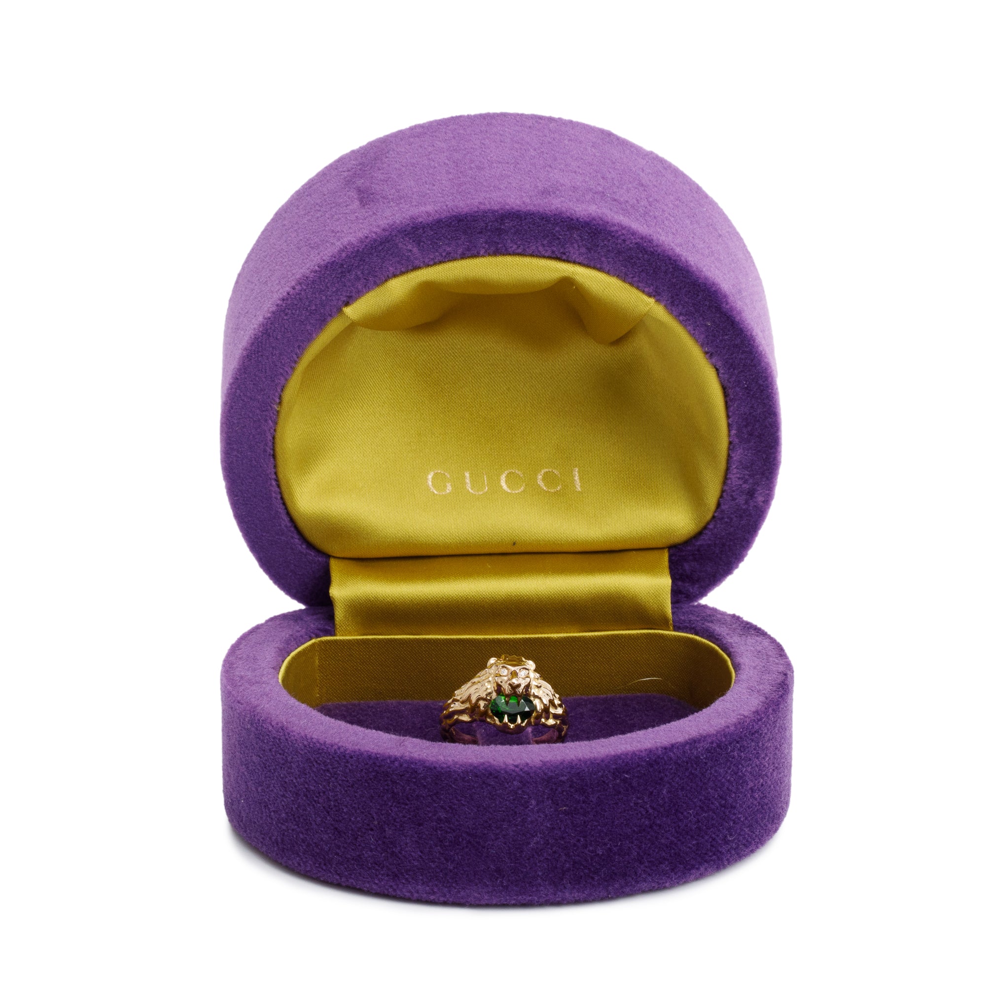 Gucci 18k Yellow Gold Lion Head Ring with Diopside & Diamonds, Size 13 6.5 w/ Box