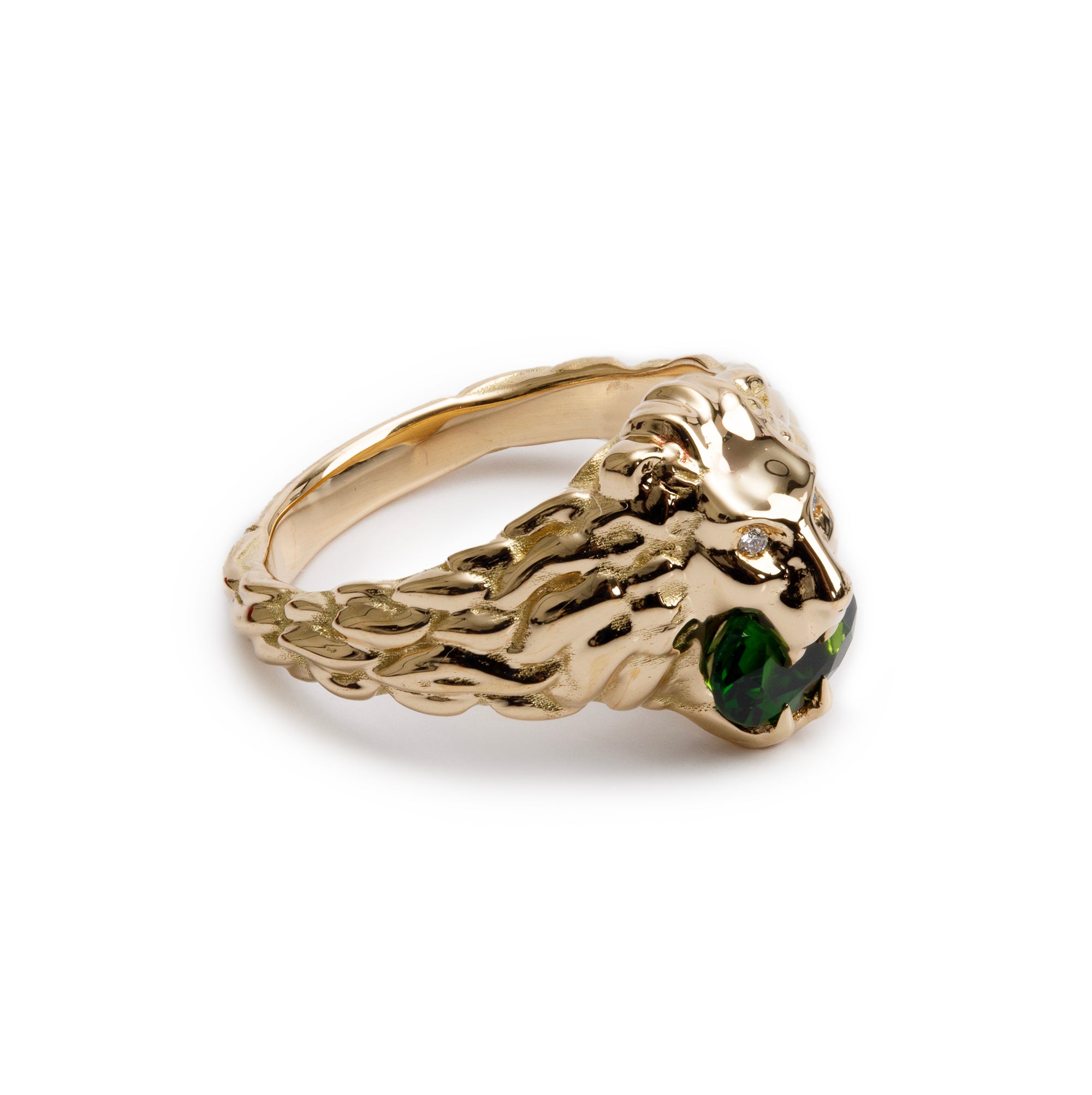 Gucci 18k Yellow Gold Lion Head Ring with Diopside & Diamonds, Size 13 6.5 w/ Box