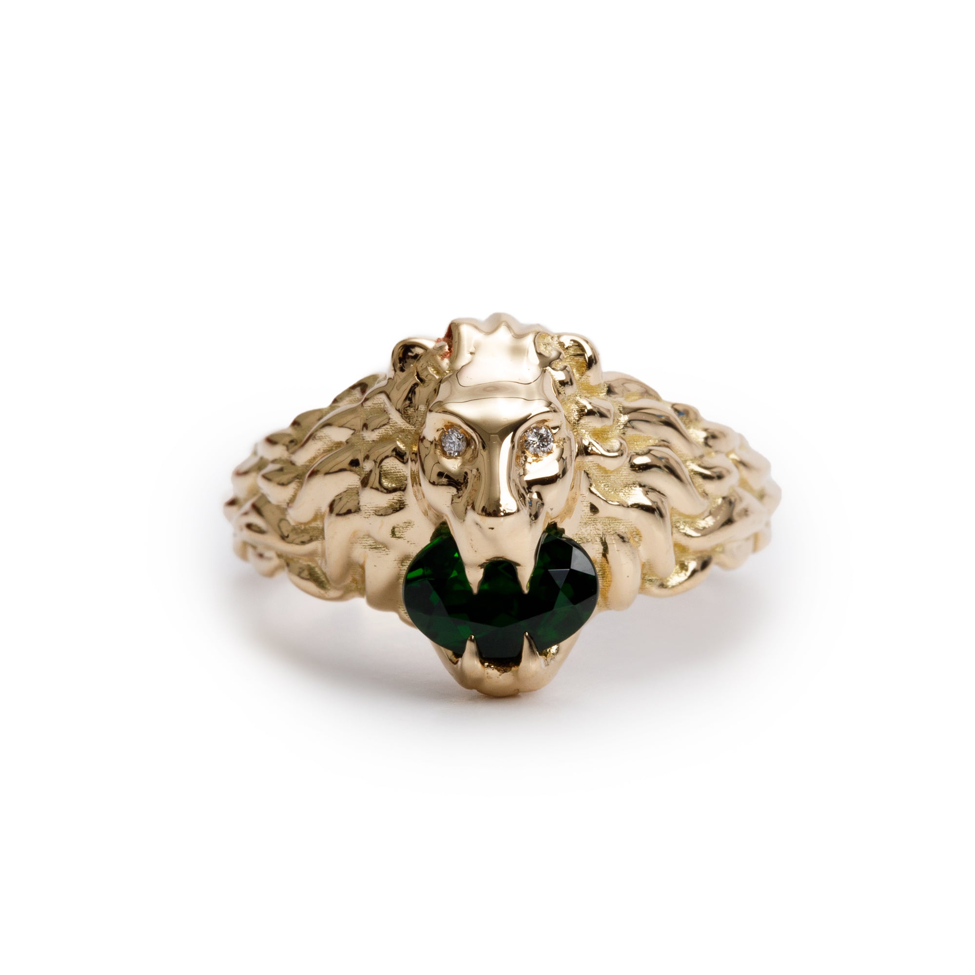 Gucci 18k Yellow Gold Lion Head Ring with Diopside & Diamonds, Size 13 6.5 w/ Box