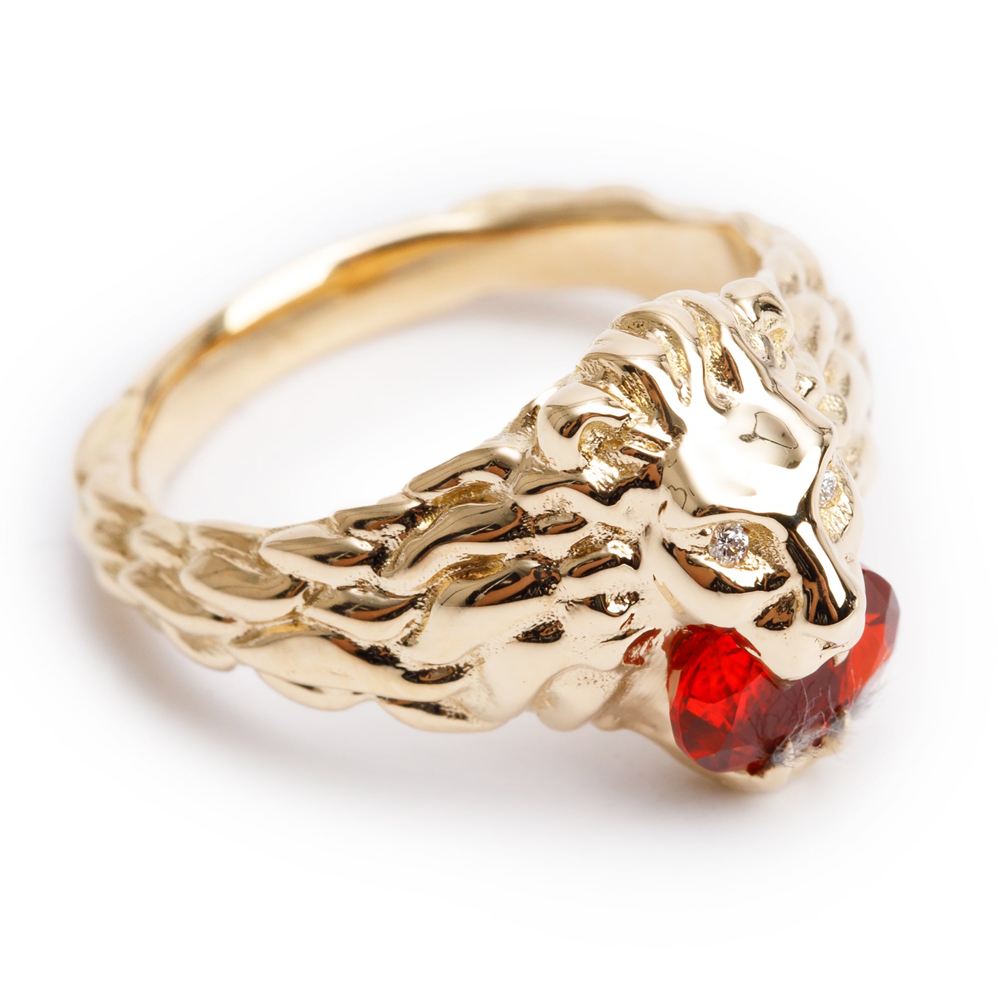 Gucci 18k Yellow Gold Lion Head Ring with Fire Opal & Diamonds, Size 13 6.25