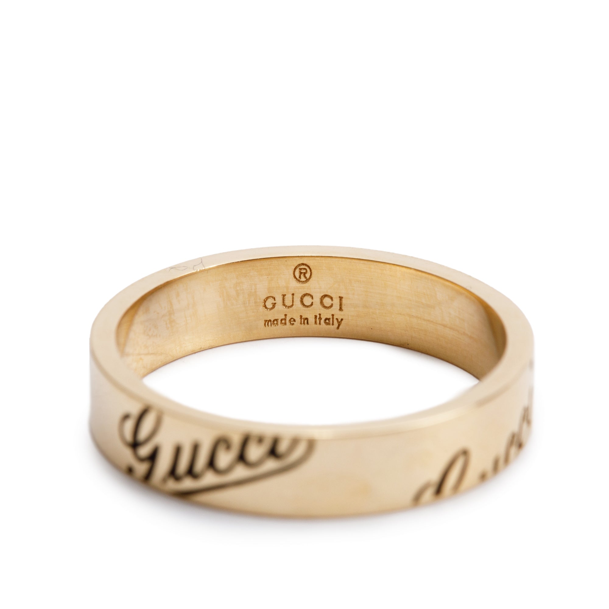 Gucci 18k Yellow Gold Script 4MM Band Ring, Size 12 6