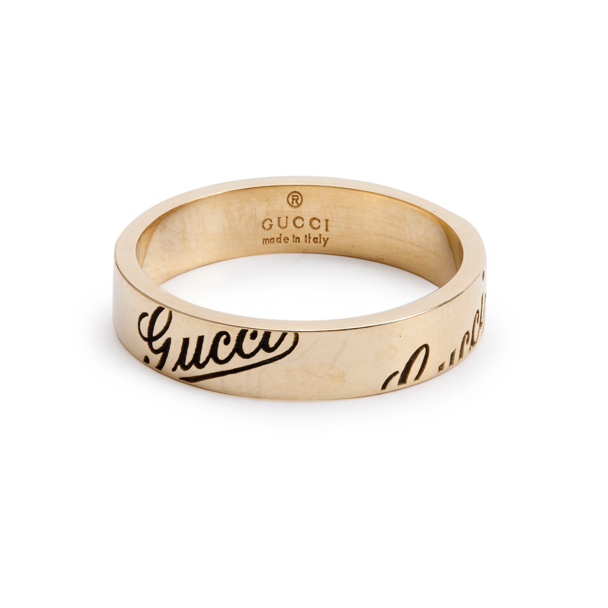 Gucci 18k Yellow Gold Script 4MM Band Ring, Size 12 6