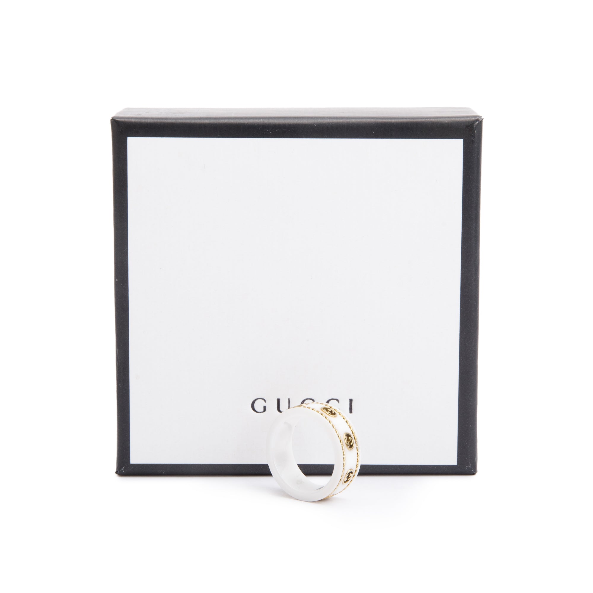 Gucci 18k Yellow Gold & White Ceramic Interlocking G Icon Band Ring, Size 6 w/ Box