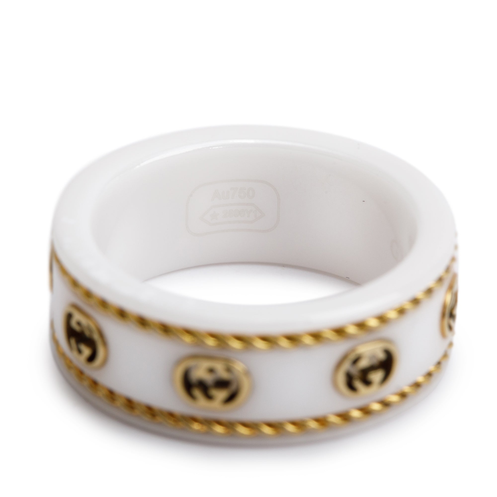 Gucci 18k Yellow Gold & White Ceramic Interlocking G Icon Band Ring, Size 6 w/ Box