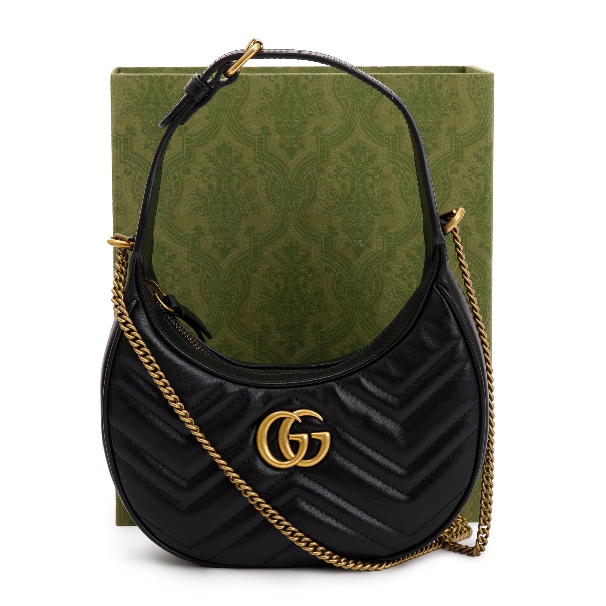 Gucci 2022 Black GG Marmont Half-Moon Shaped Mini Bag w/ Box & Receipt
