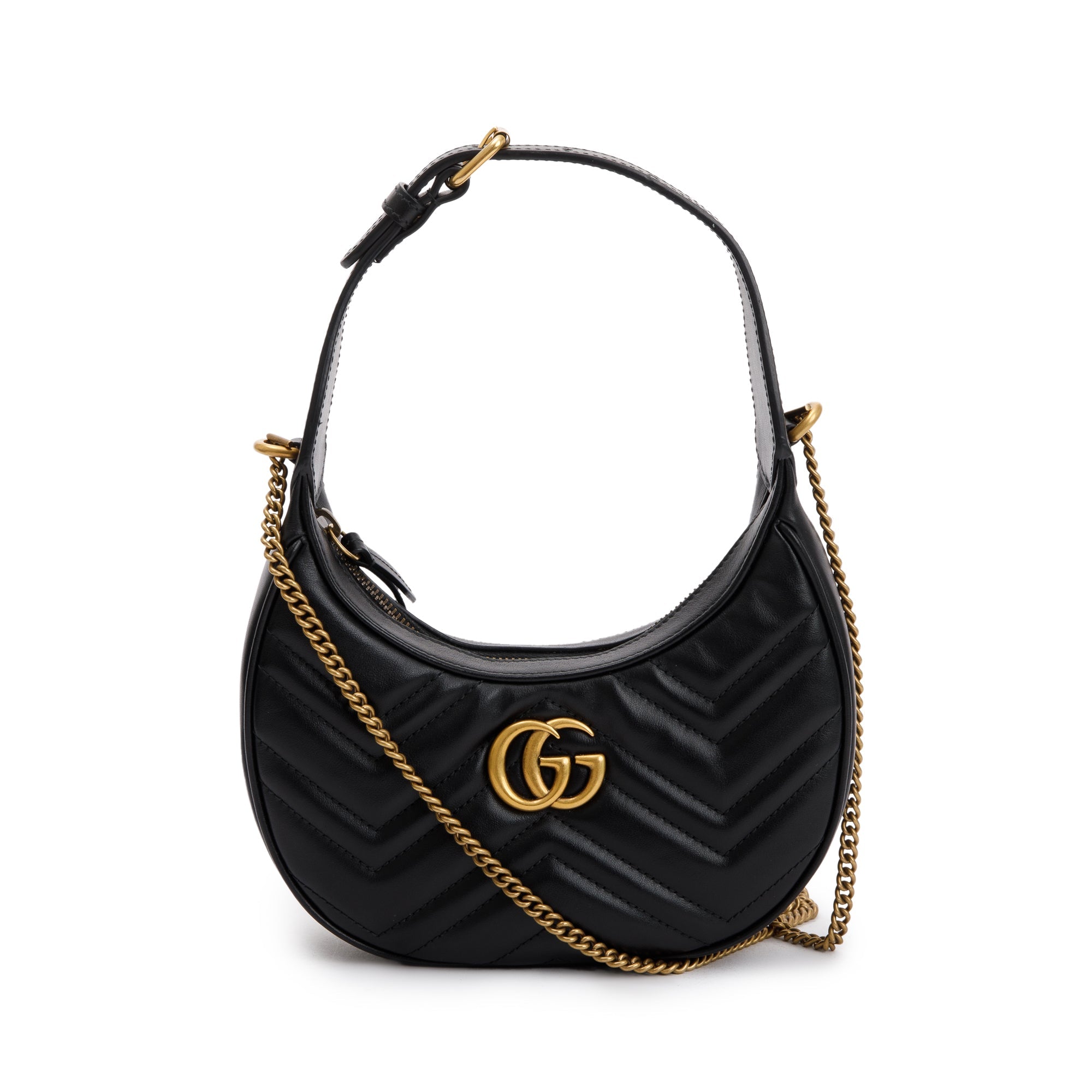 Gucci 2022 Black GG Marmont Half-Moon Shaped Mini Bag w/ Box & Receipt