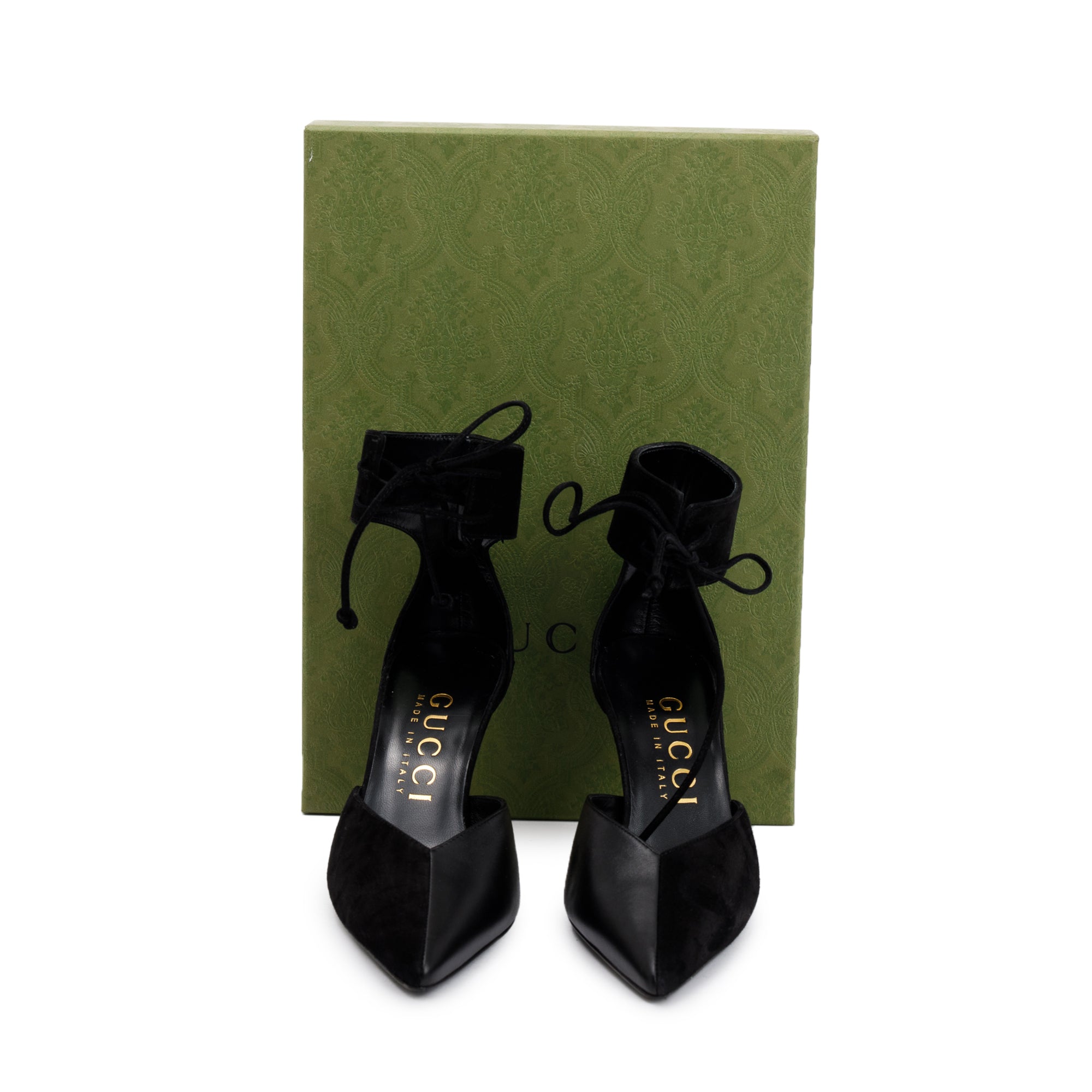 Gucci 2022 Black Suede & Nappa Leather Mid-Heel Lace-Up Pumps, Size 37.5 w/ Box