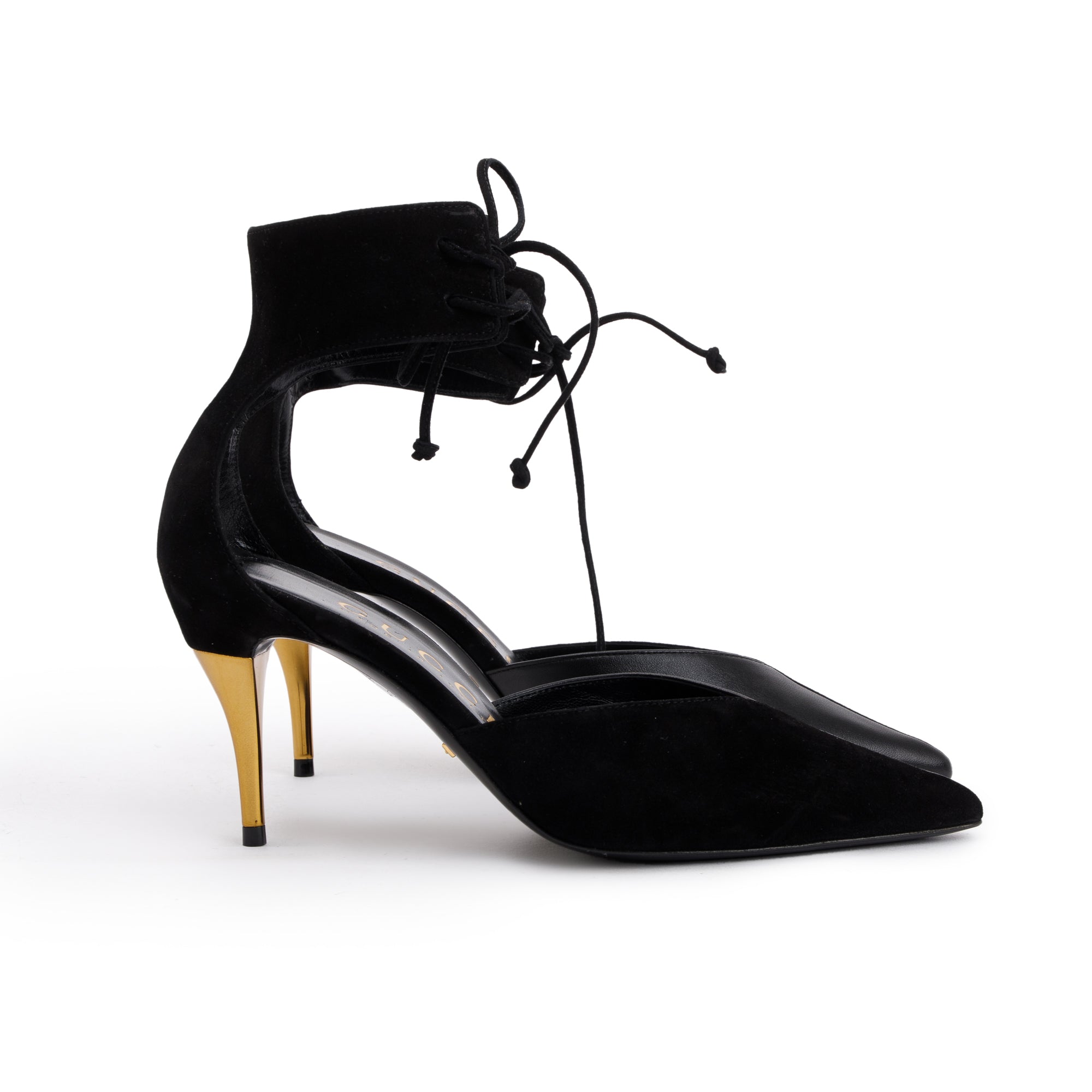 Gucci 2022 Black Suede & Nappa Leather Mid-Heel Lace-Up Pumps, Size 37.5 w/ Box