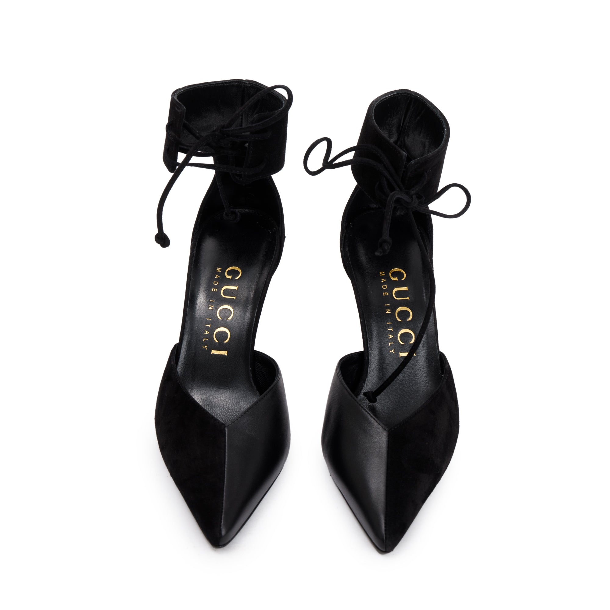 Gucci 2022 Black Suede & Nappa Leather Mid-Heel Lace-Up Pumps, Size 37.5 w/ Box