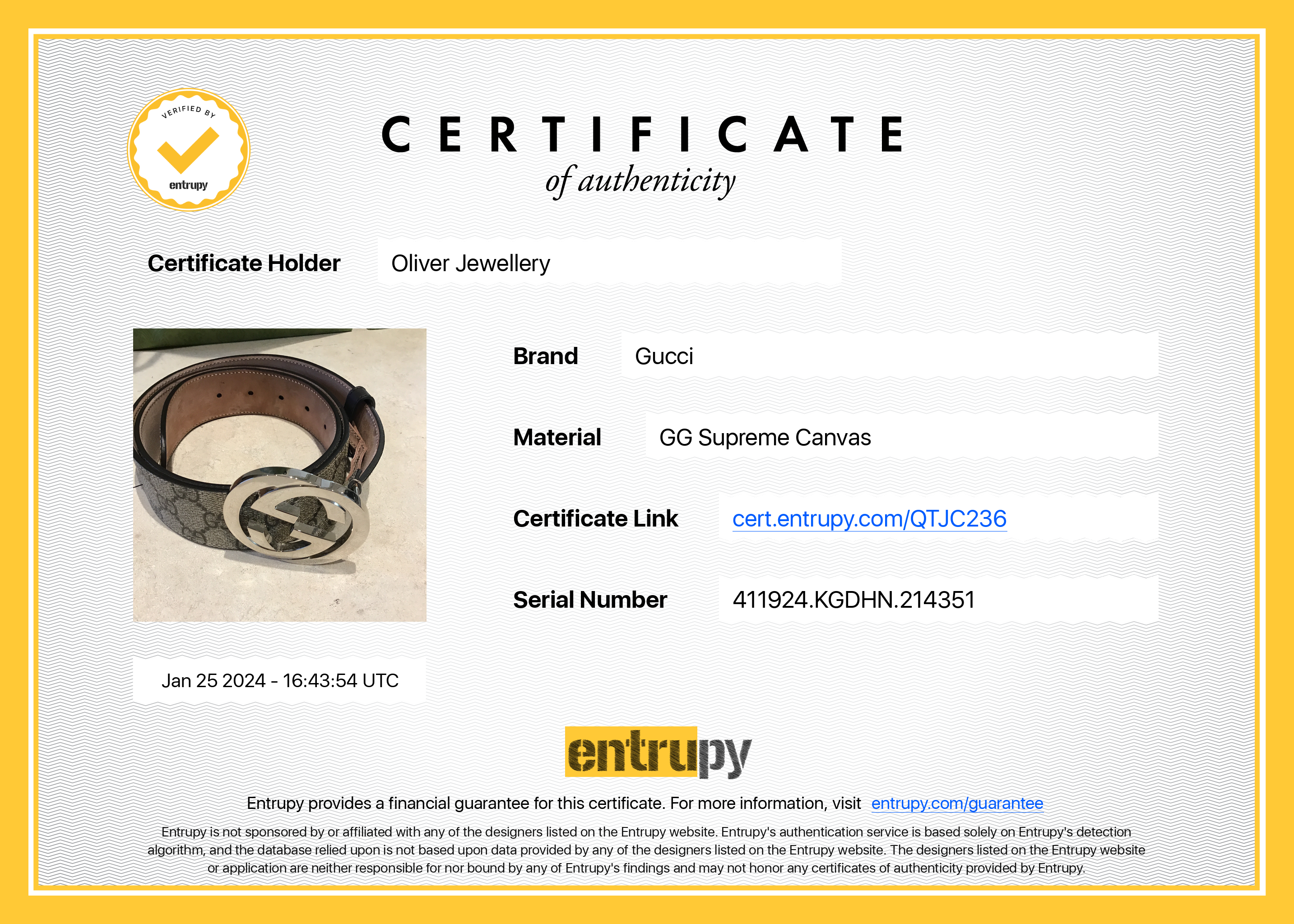 Gucci 2022 GG Supreme Belt with G Buckle w/ Box & Receipt