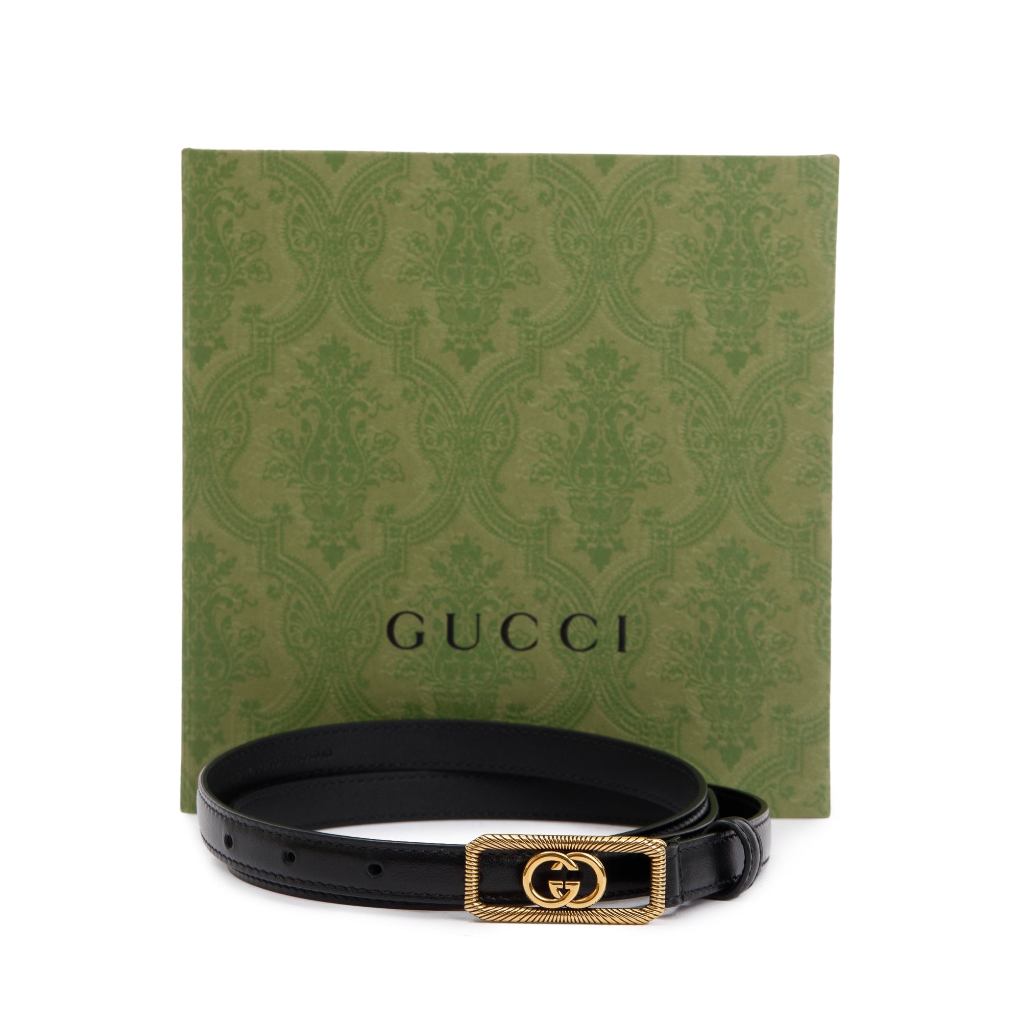 Gucci 2023 Black Leather Thin Belt with Interlocking G Buckle, 90 36 w/ Box & Receipt