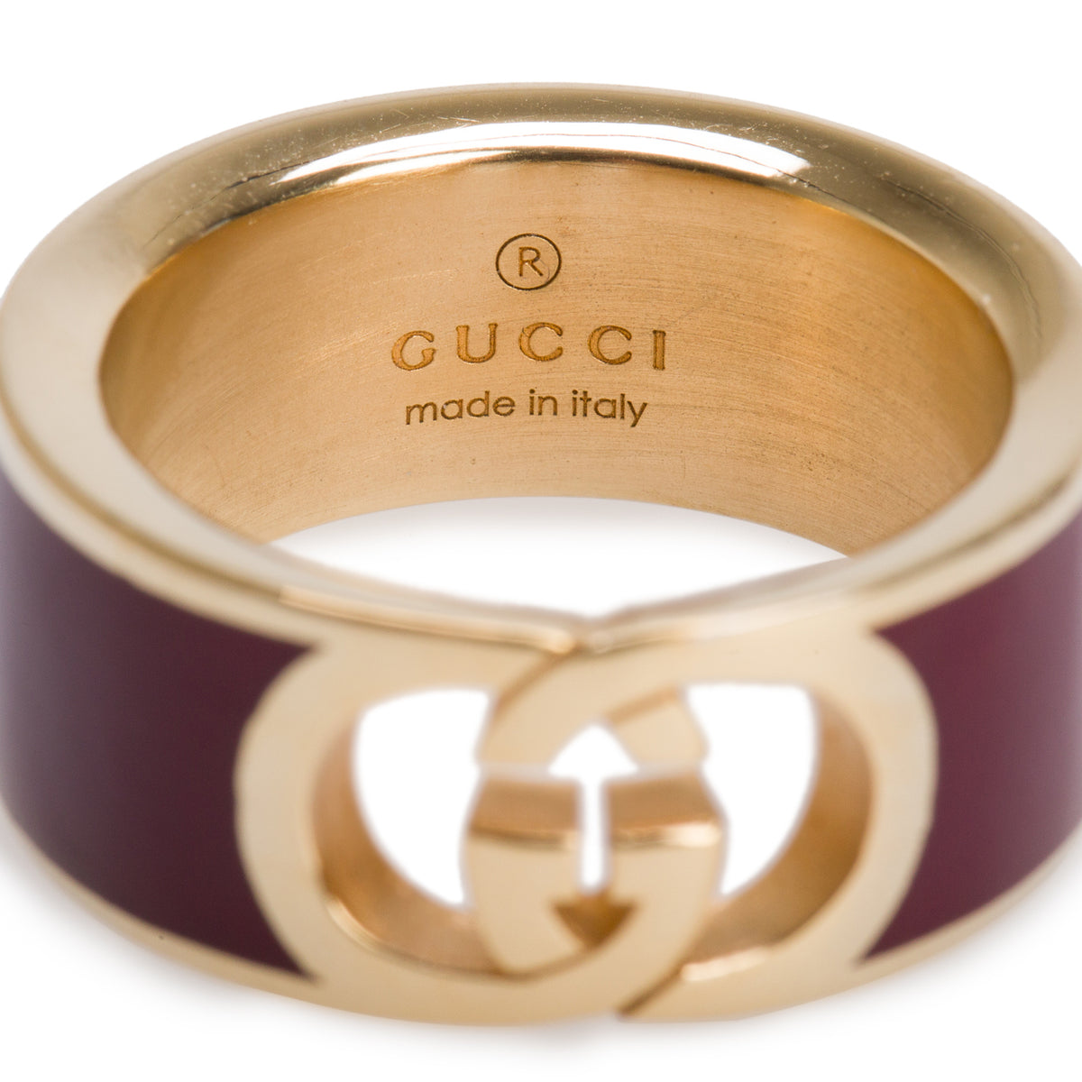 Gucci Gold Plated Burgundy Enamel Interlocking G Band Ring, Size L 9