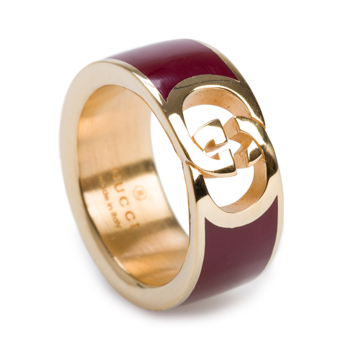Gucci Gold Plated Burgundy Enamel Interlocking G Band Ring, Size L 9