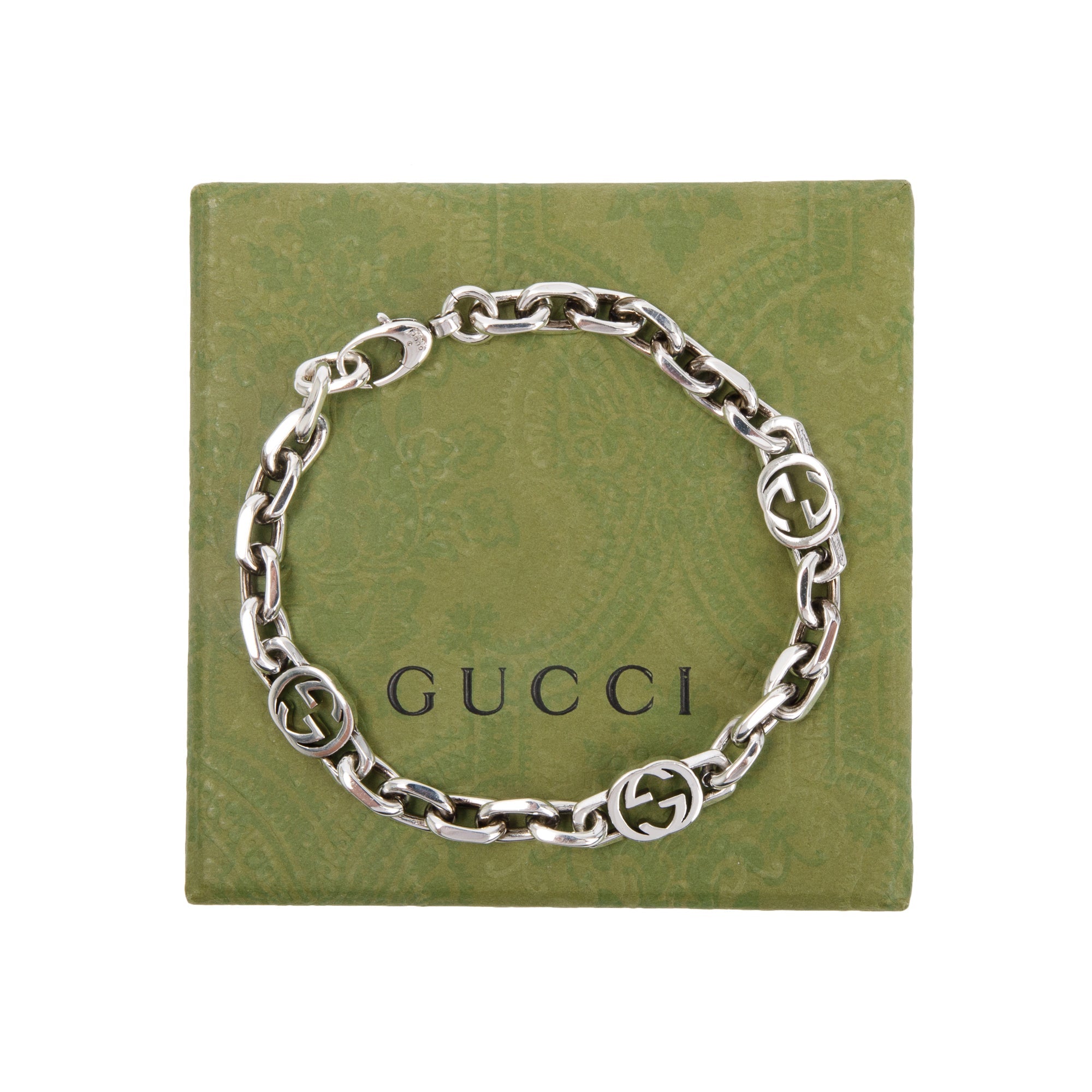 Gucci Aged Finished Sterling Silver Interlocking G Chain Bracelet w/ Box