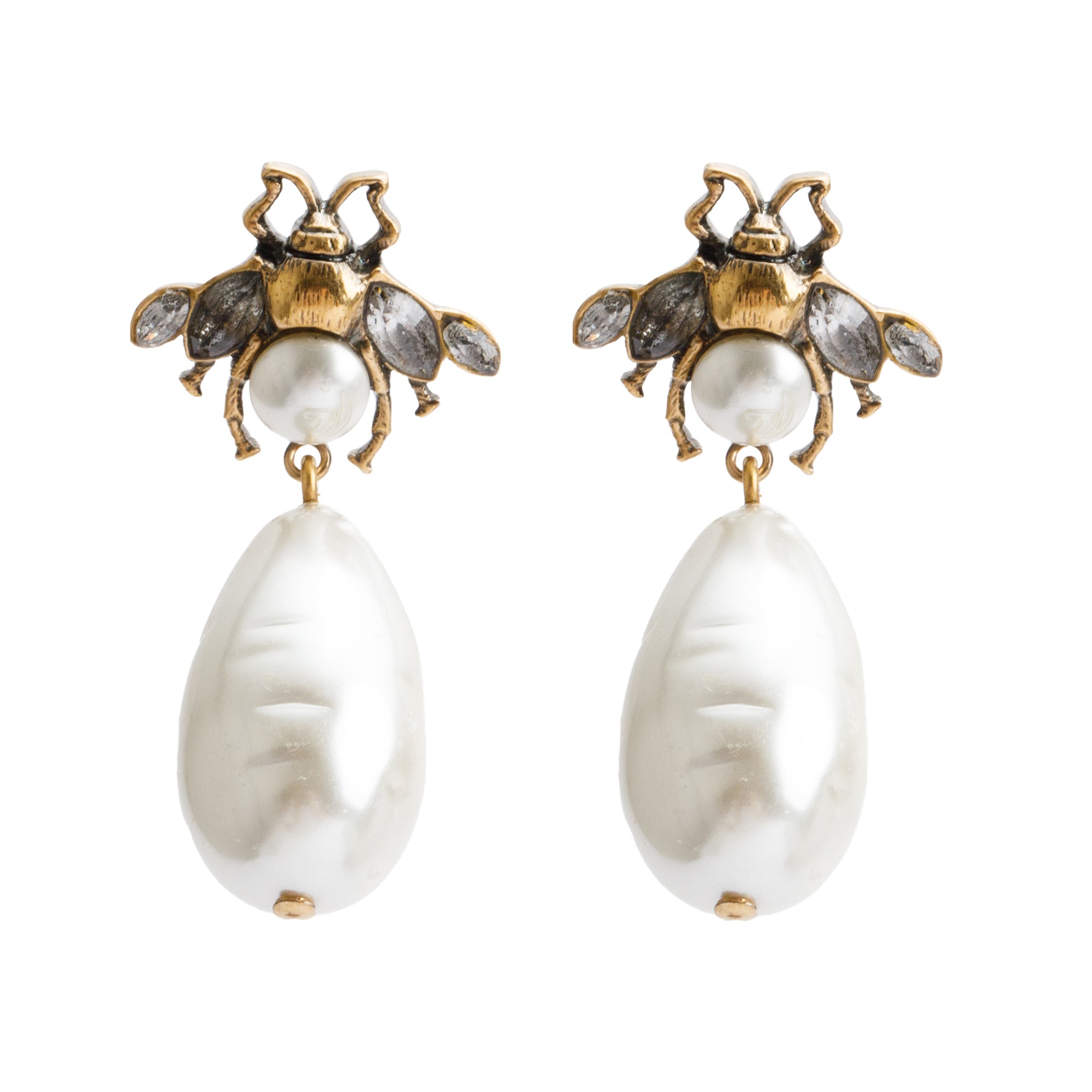 Gucci Aged Gold-Plated Faux Pearl Bee Drop Earrings