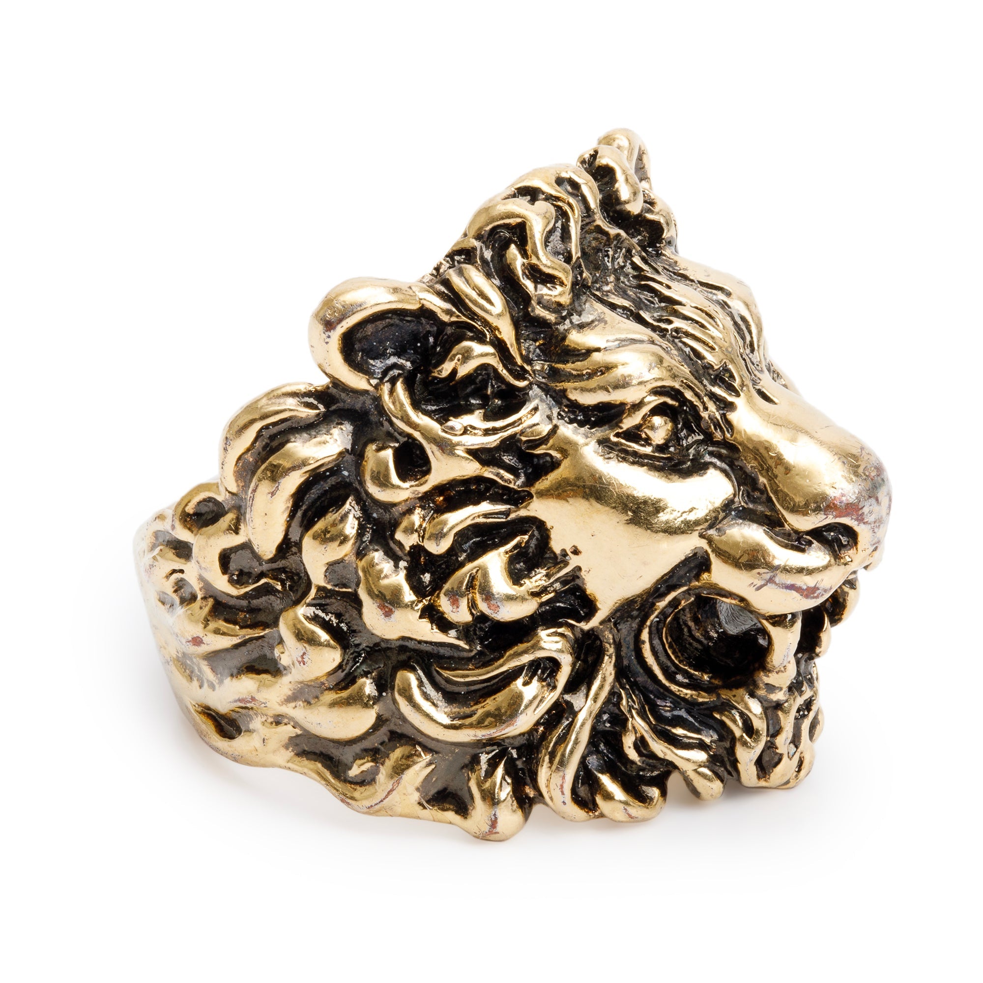 Gucci Aged Gold Plated Metal Lion Head Ring, Size 25 11.5
