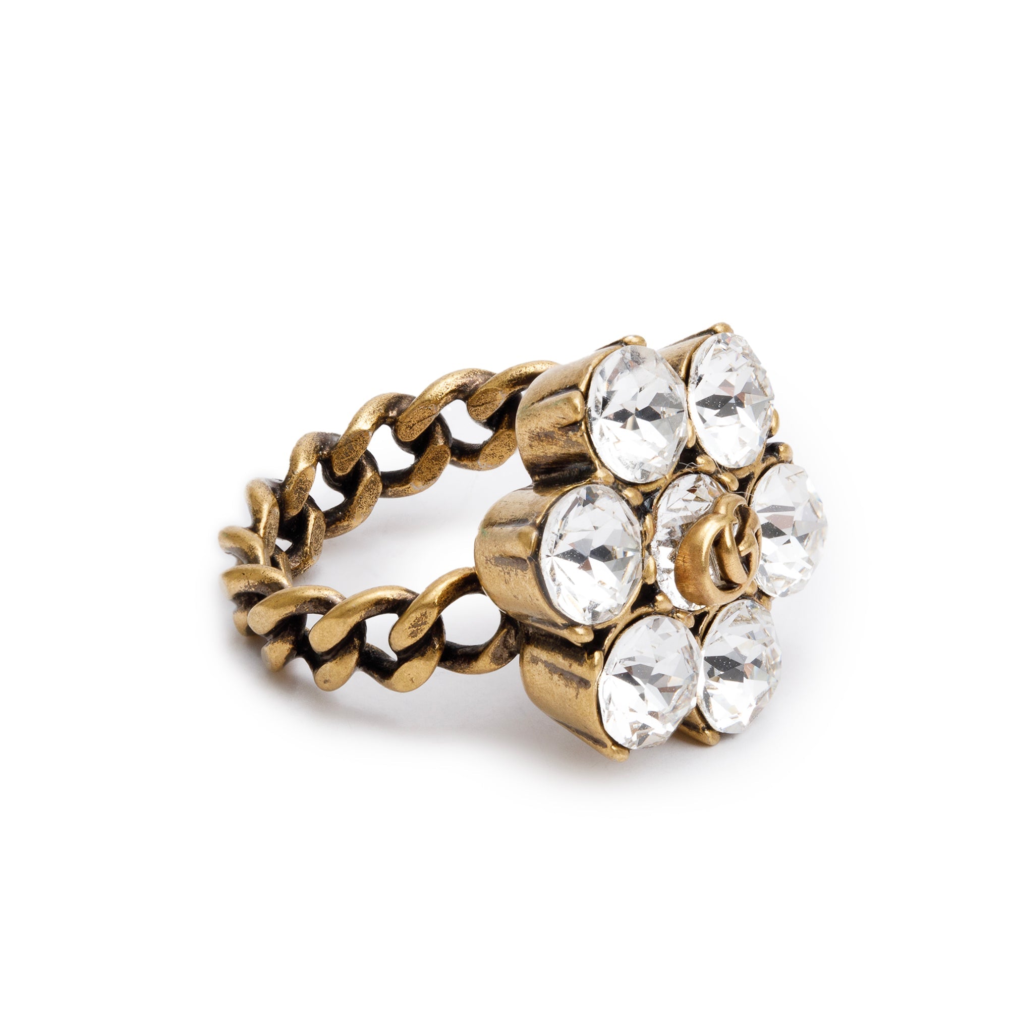 Gucci Aged Gold Tone Metal Crystal Double G Ring, Size S 6