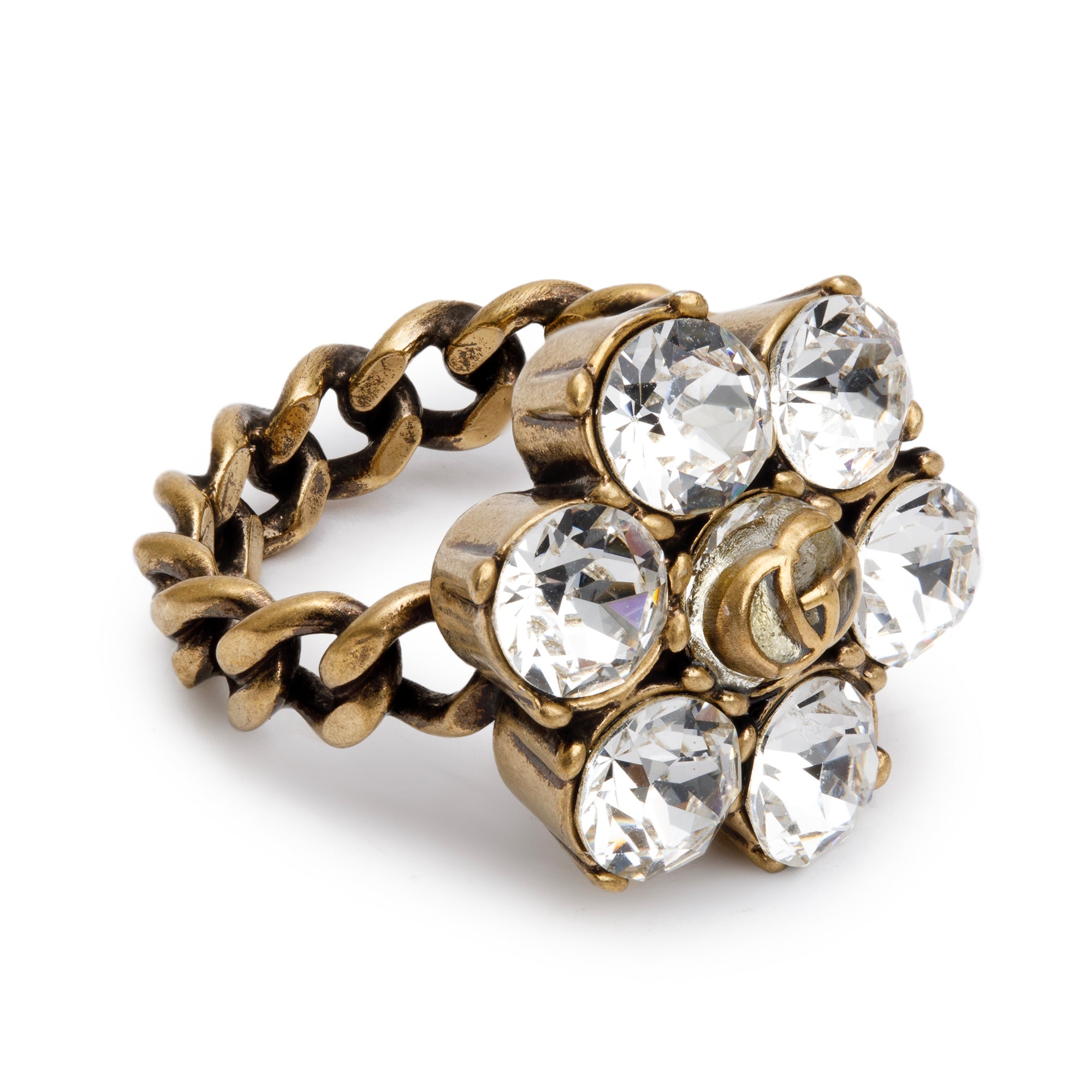 Gucci Aged Gold Tone Metal Crystal Double G Ring, Size S 6