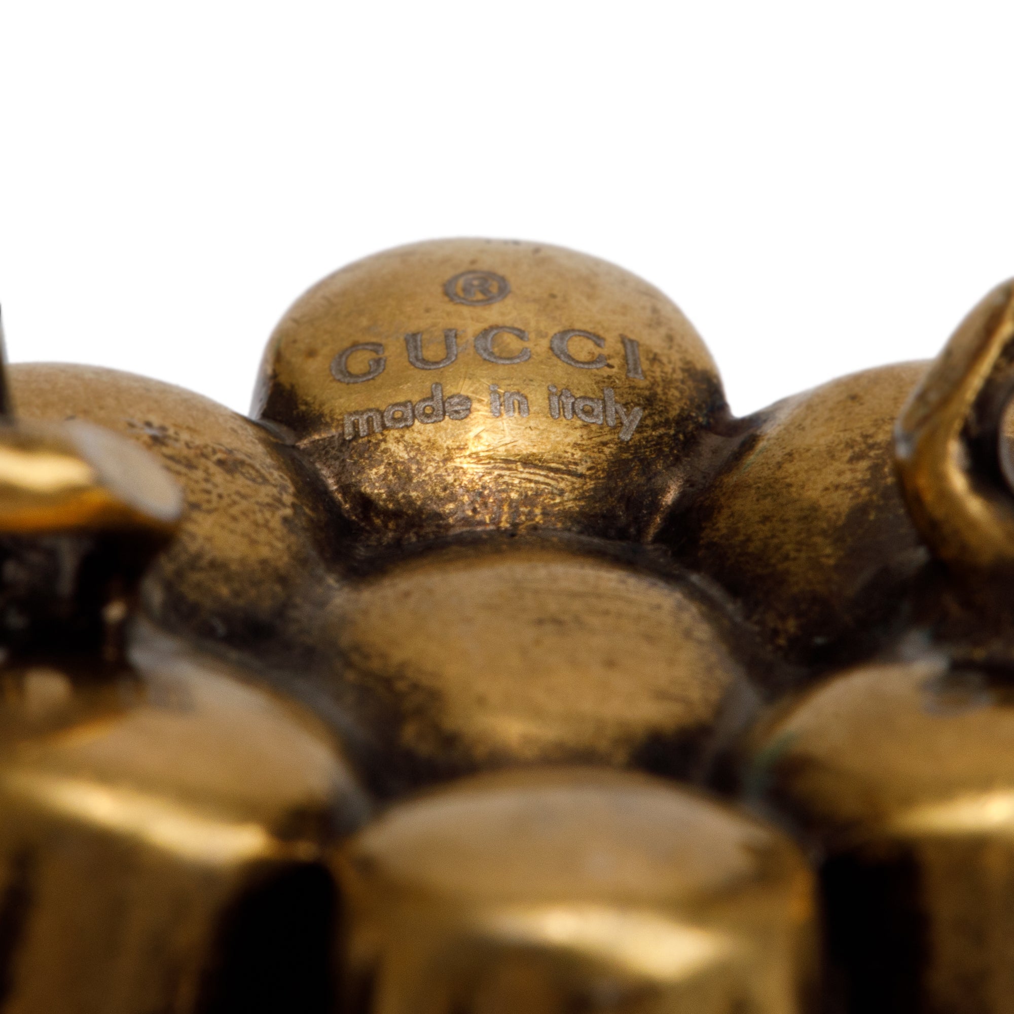 Gucci Aged Gold Tone Metal Crystal Double G Ring, Size S 6