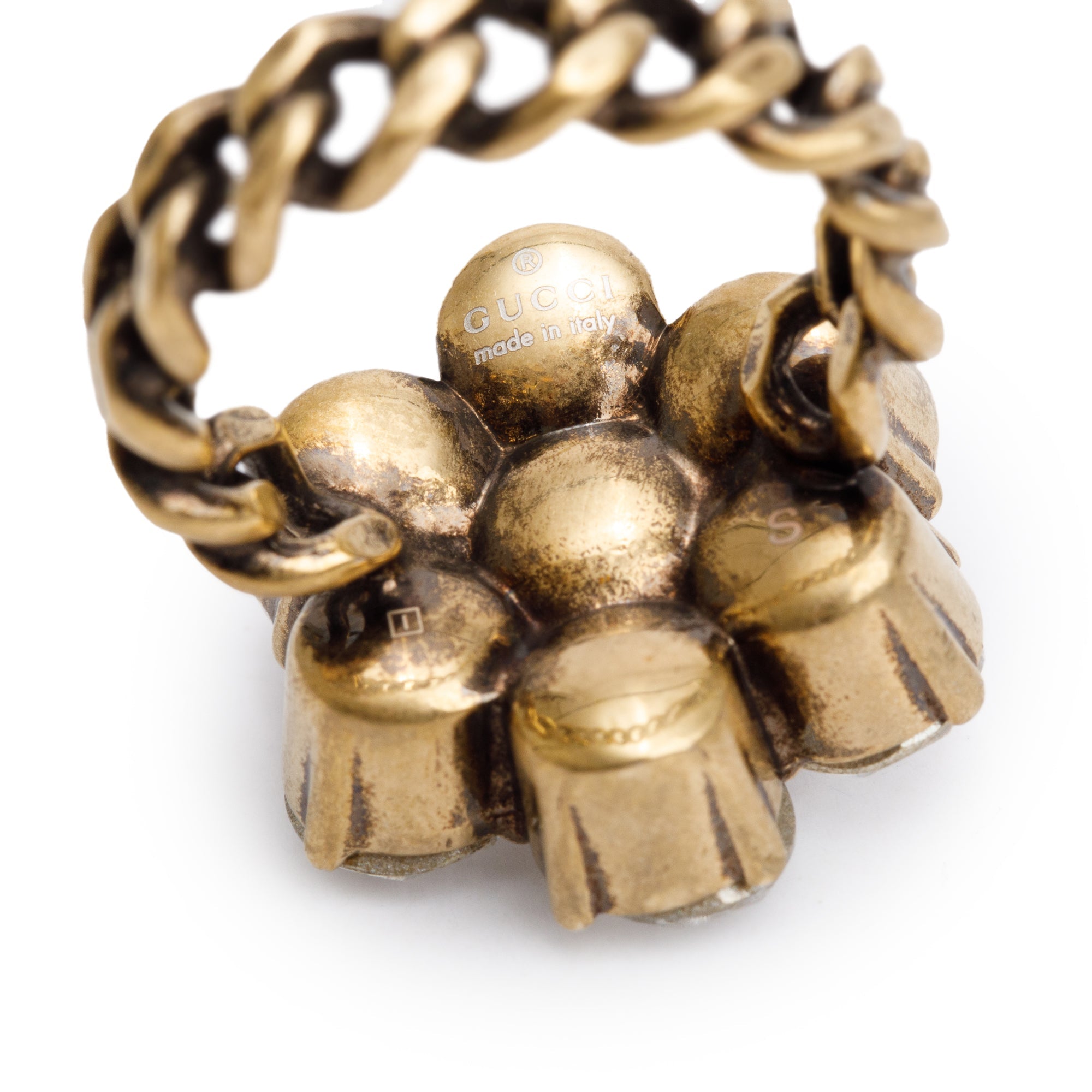 Gucci Aged Gold Tone Metal Crystal Double G Ring, Size S 6