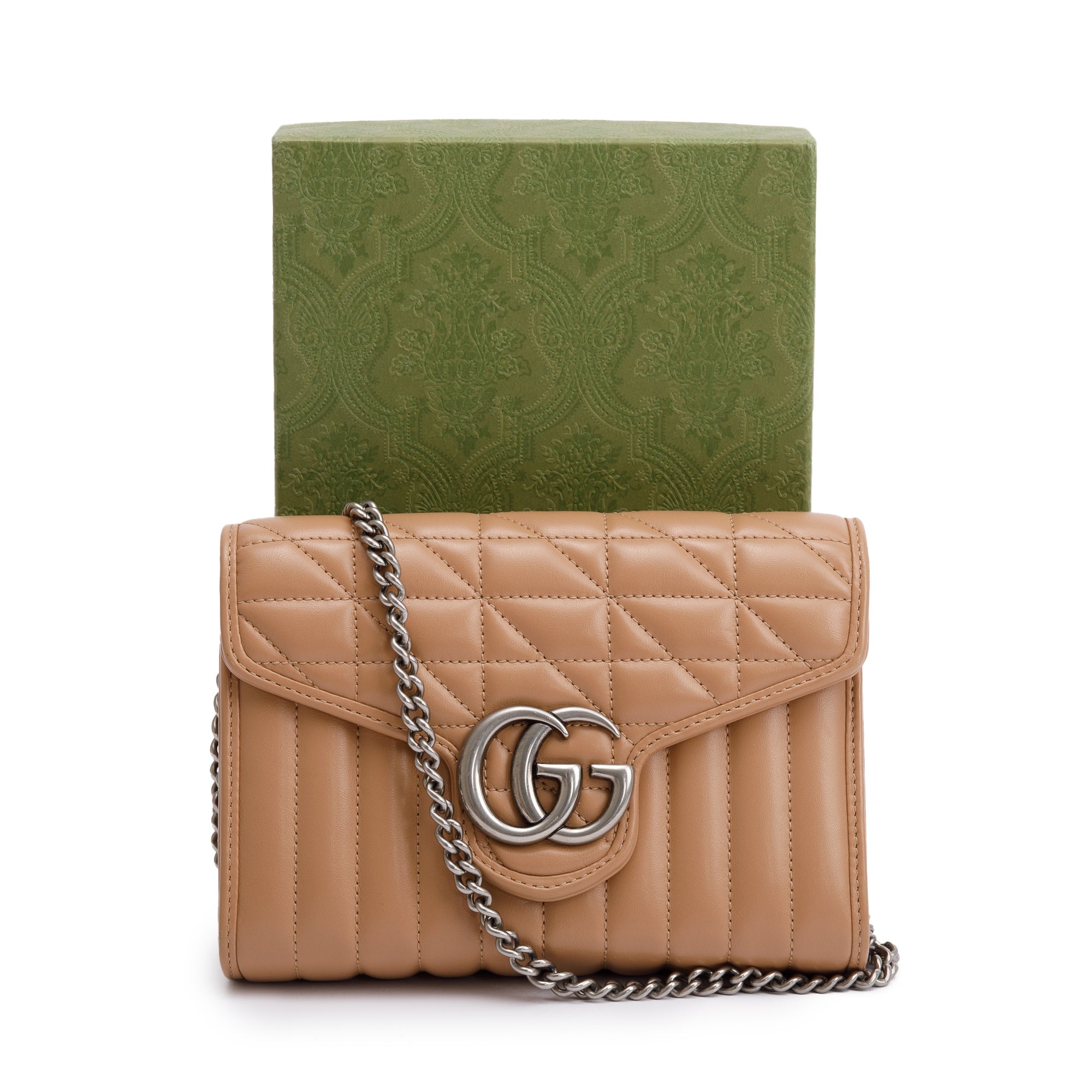 Gucci Beige Calfskin Leather GG Marmont Matelasse Mini Bag w/ Box