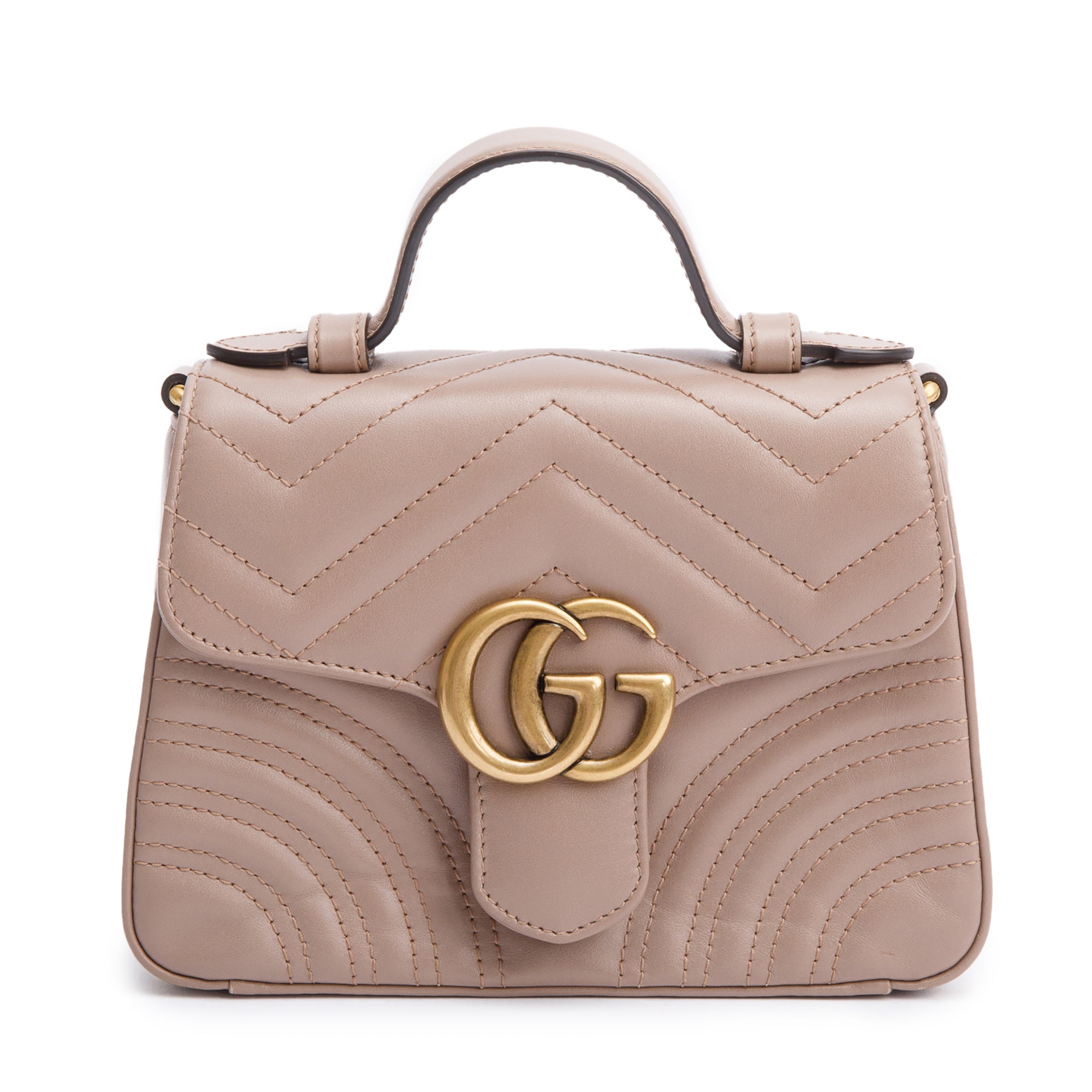 Gucci Beige Calfskin Matelasse GG Marmont Mini Top Handle Shoulder Bag w/ Strap