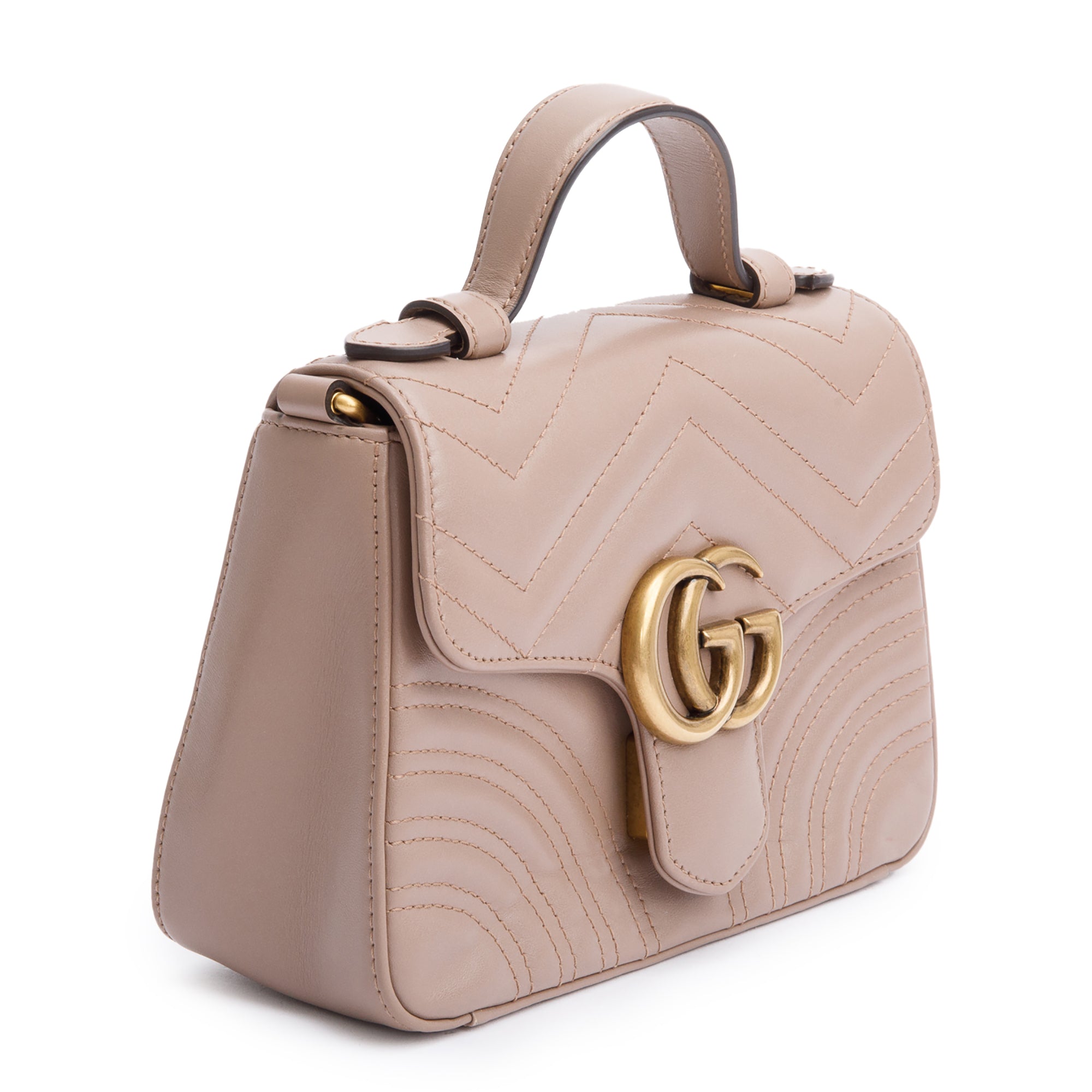 Gucci Beige Calfskin Matelasse GG Marmont Mini Top Handle Shoulder Bag w/ Strap
