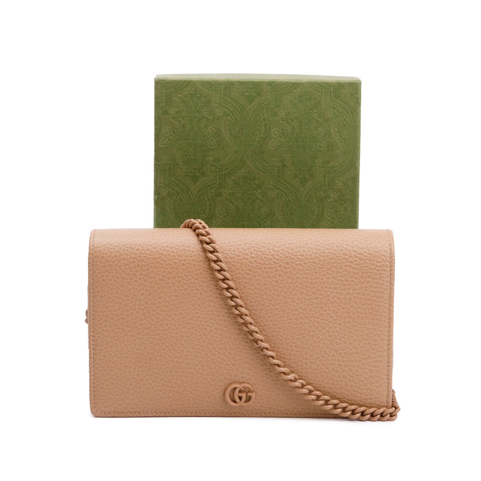 Gucci Beige Calfskin Mini GG Marmont Wallet On Chain w/ Box