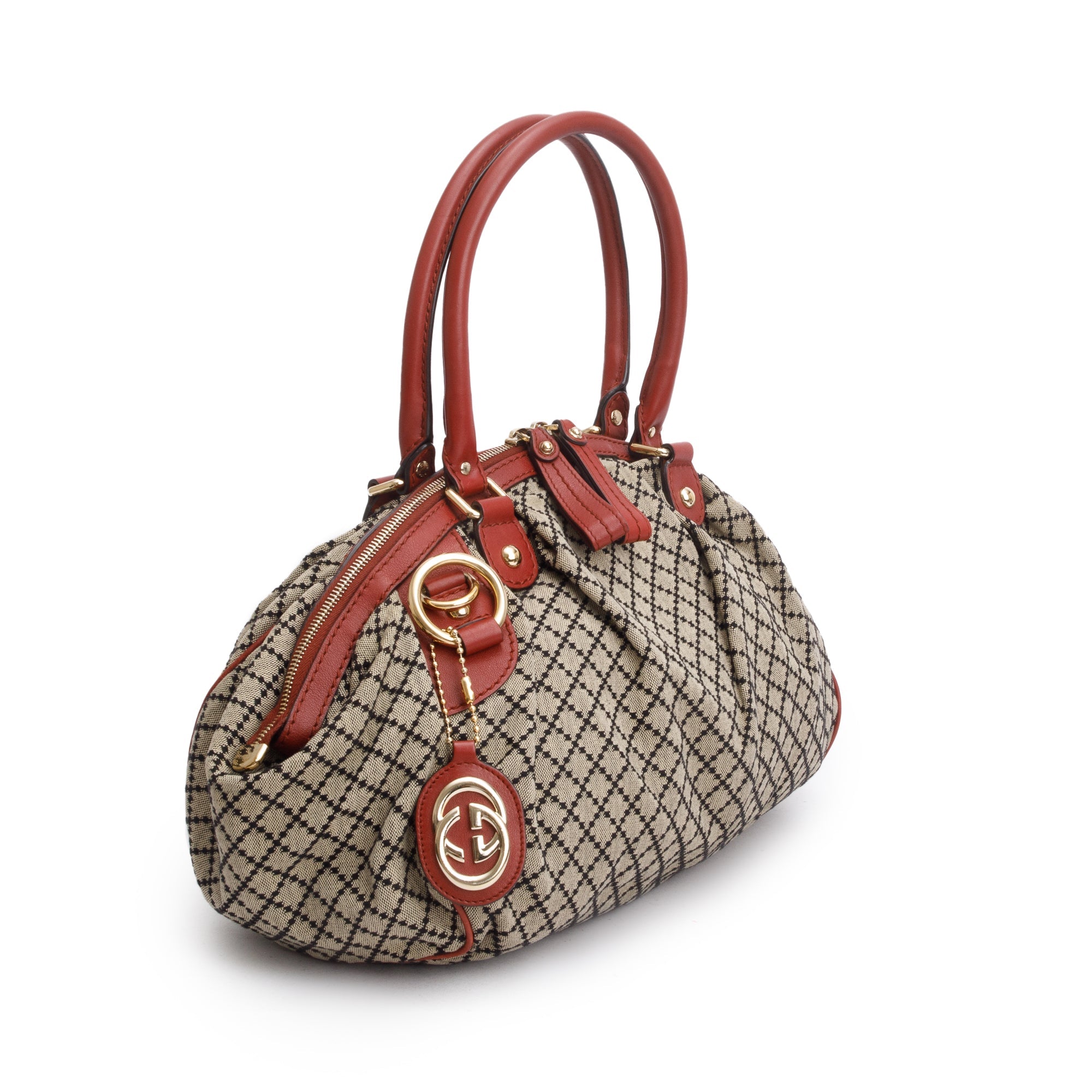 Gucci Beige Diamante Canvas Red Leather Trim Medium Sukey Boston Bag