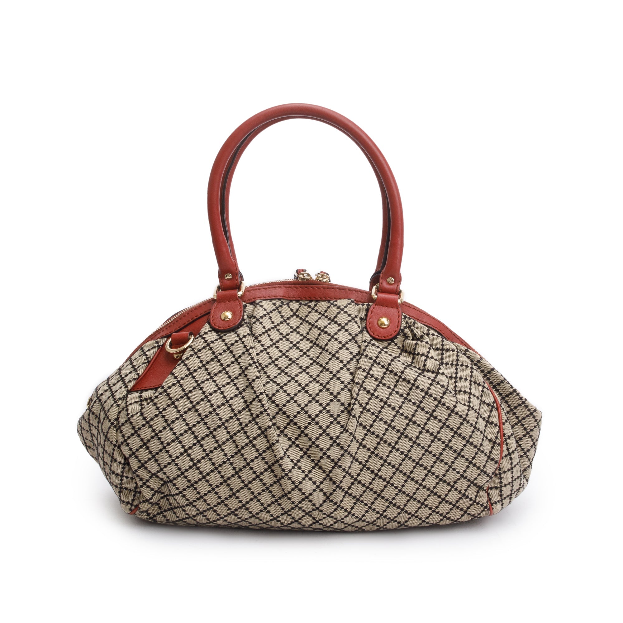 Gucci Beige Diamante Canvas Red Leather Trim Medium Sukey Boston Bag