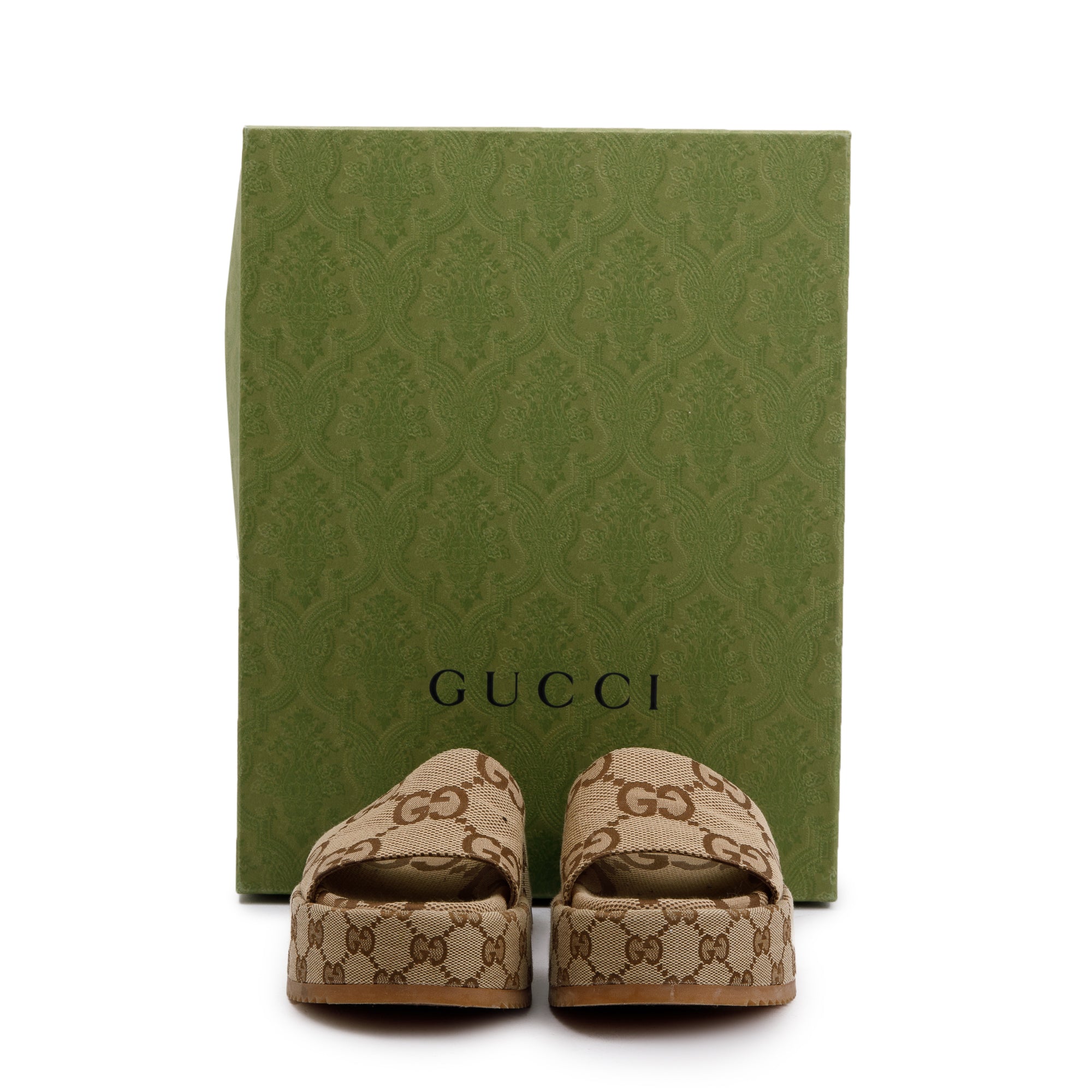 Gucci Beige& Ebony Maxi GG Canvas Patform Slide Sandal, Size 36 w/ Box