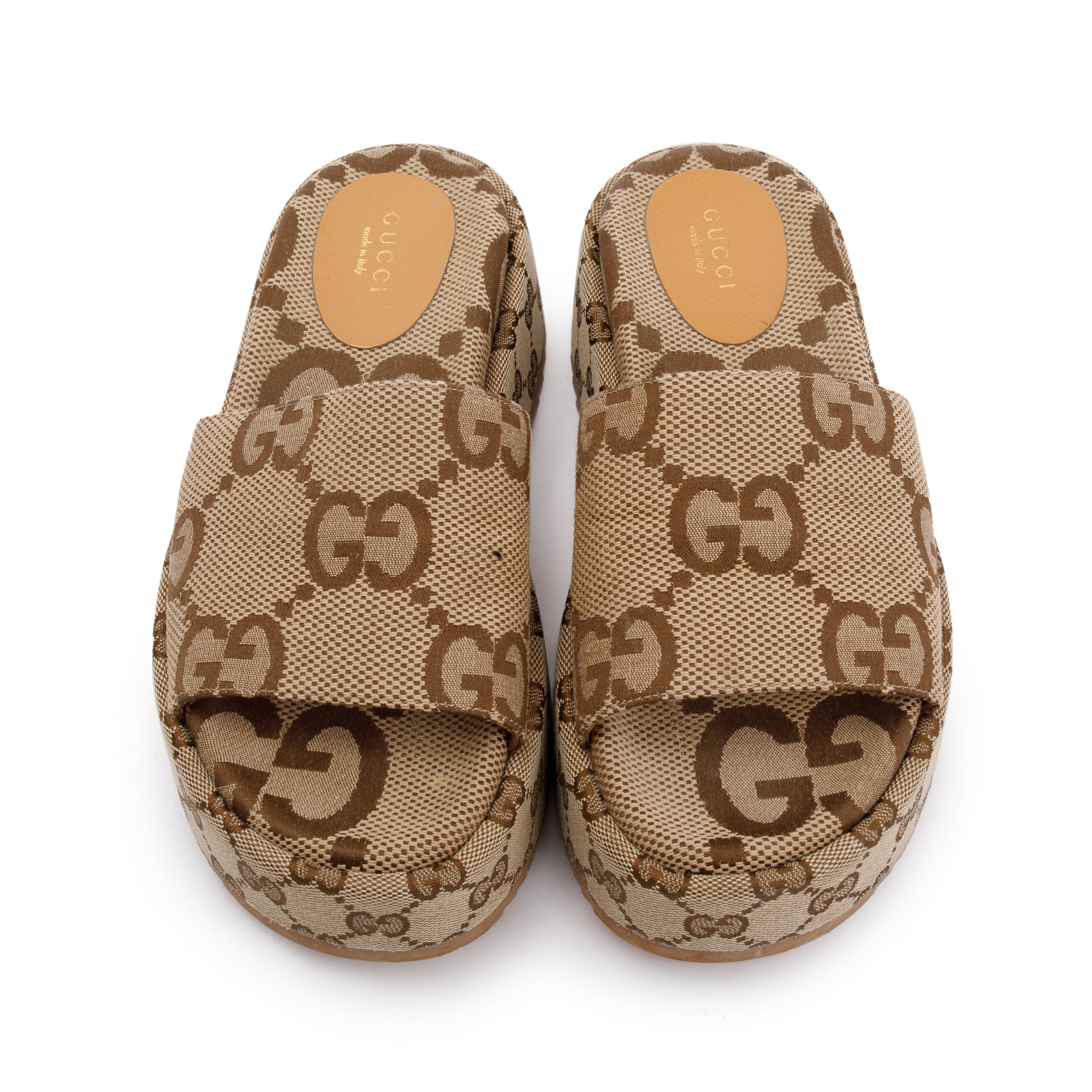 Gucci Beige& Ebony Maxi GG Canvas Patform Slide Sandal, Size 36 w/ Box