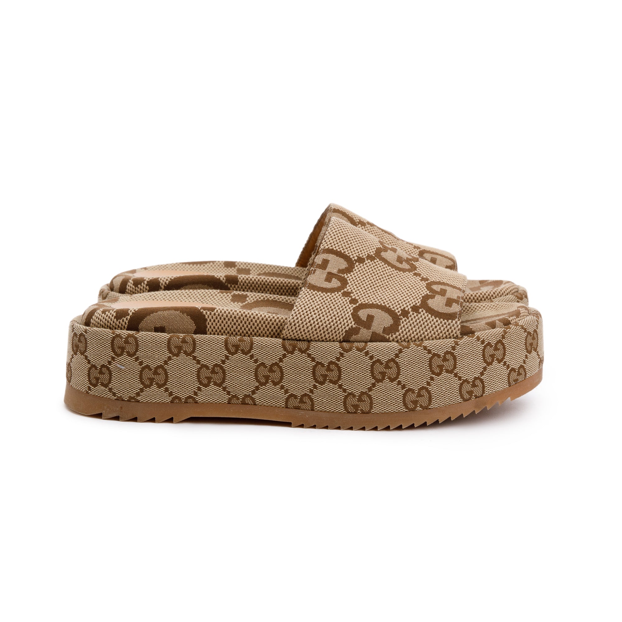 Gucci Beige& Ebony Maxi GG Canvas Patform Slide Sandal, Size 36 w/ Box