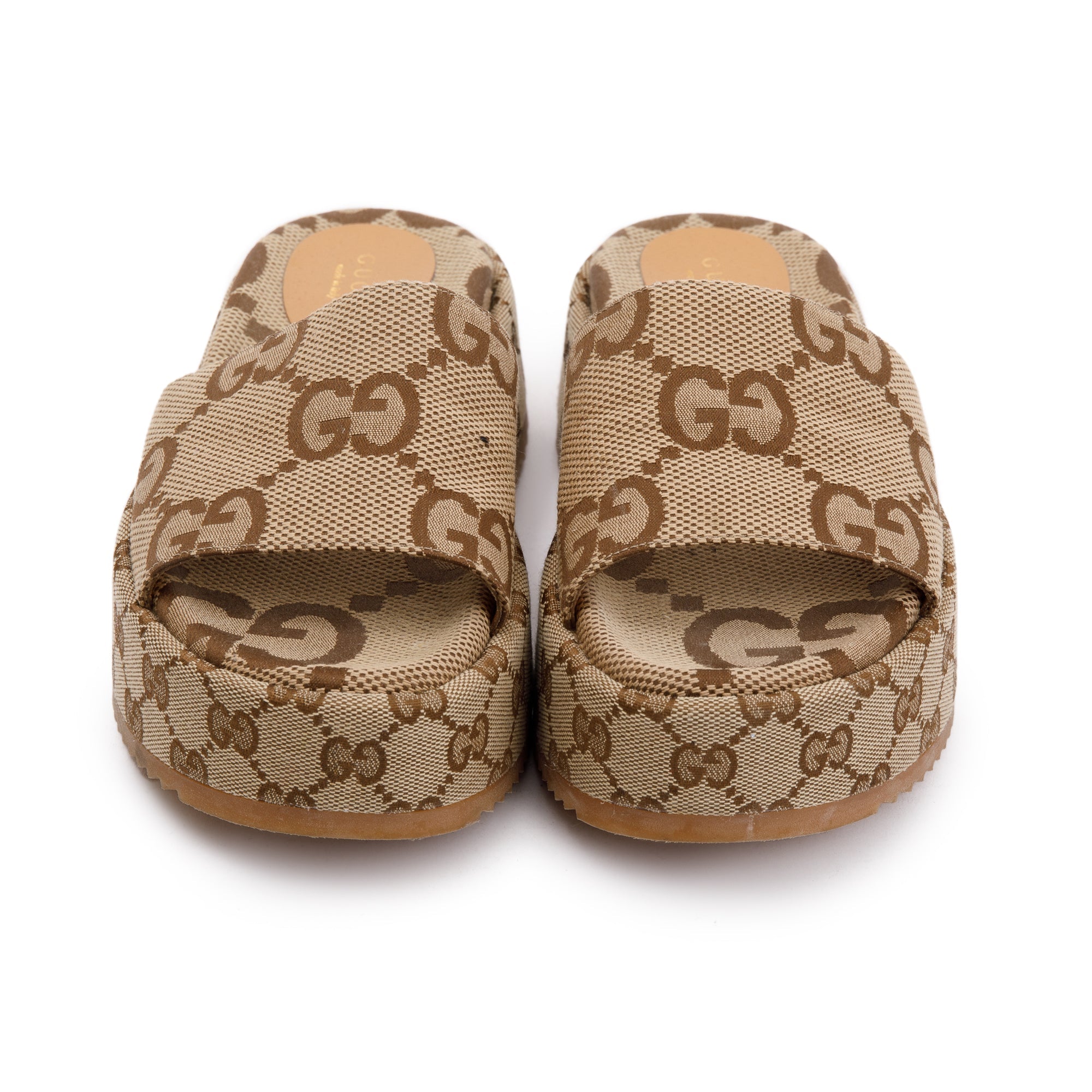 Gucci Beige& Ebony Maxi GG Canvas Patform Slide Sandal, Size 36 w/ Box