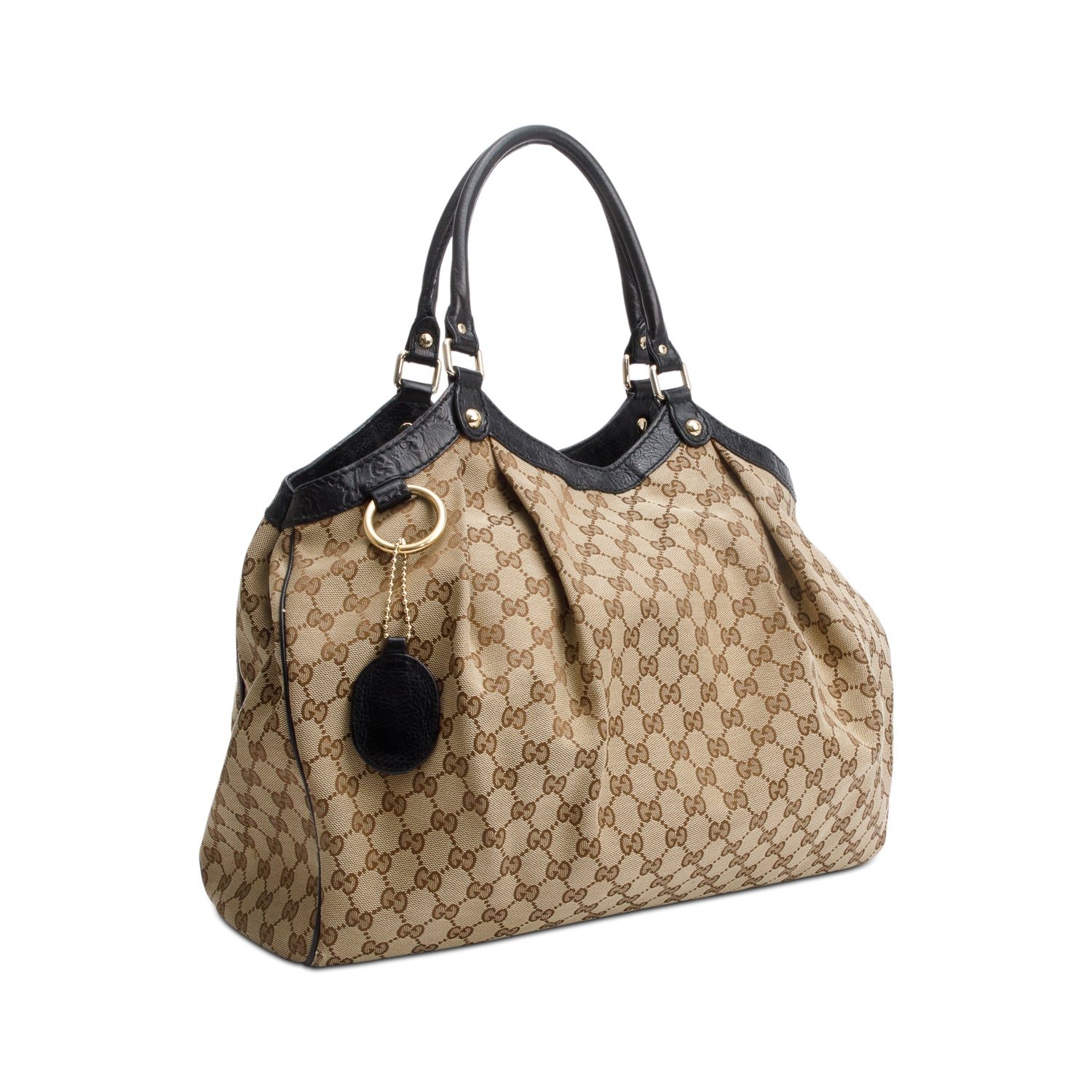Gucci Beige GG Canvas Black Signature Leather Trim Large Sukey Tote