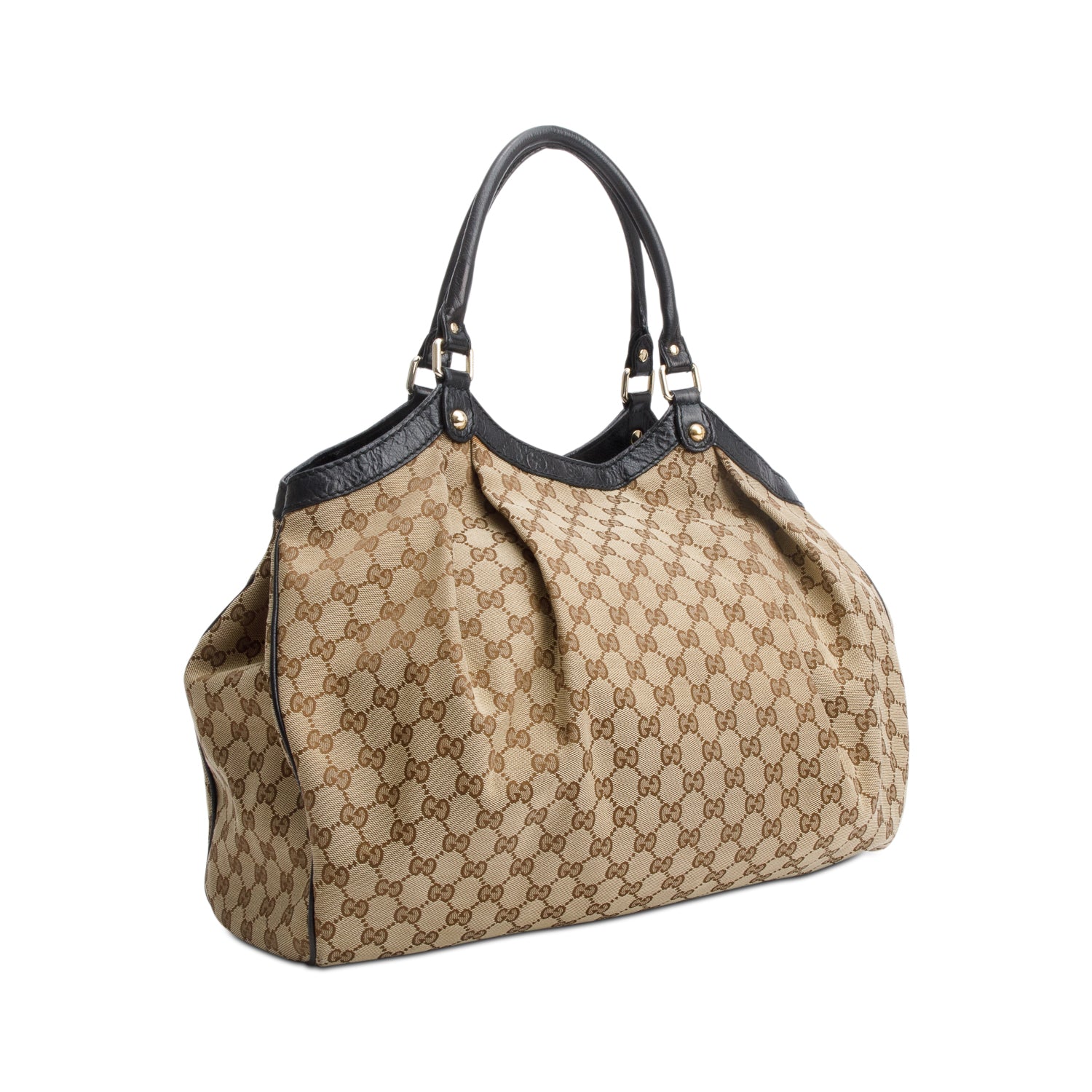 Gucci Beige GG Canvas Black Signature Leather Trim Large Sukey Tote
