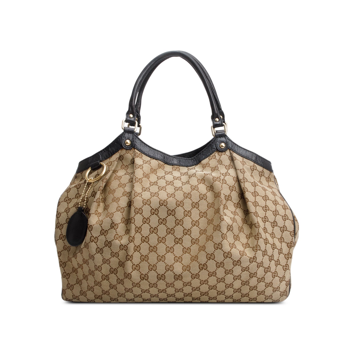 Gucci Beige GG Canvas Black Signature Leather Trim Large Sukey Tote
