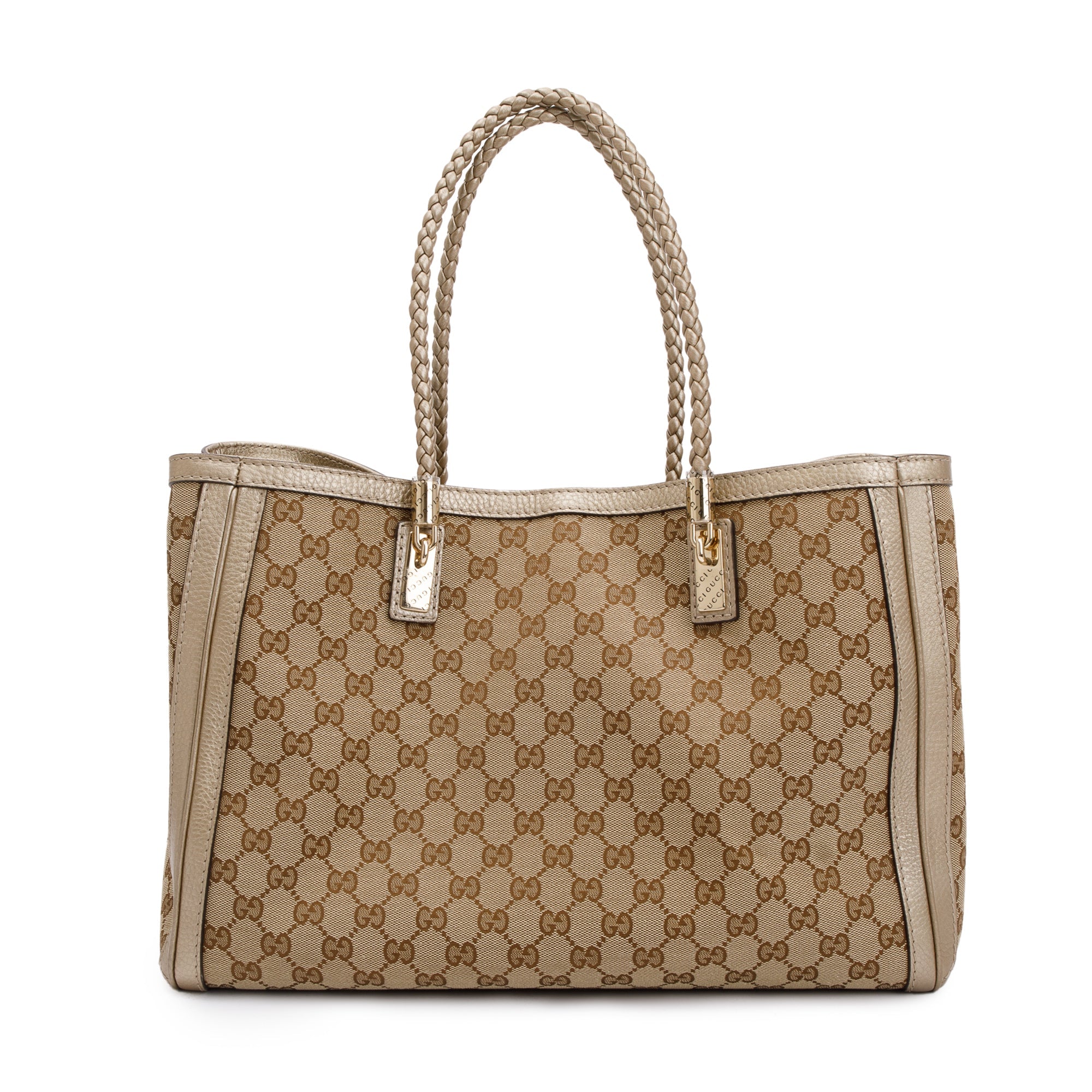 Gucci Beige GG Canvas Gold Leather Trimmed Medium Bella Tote