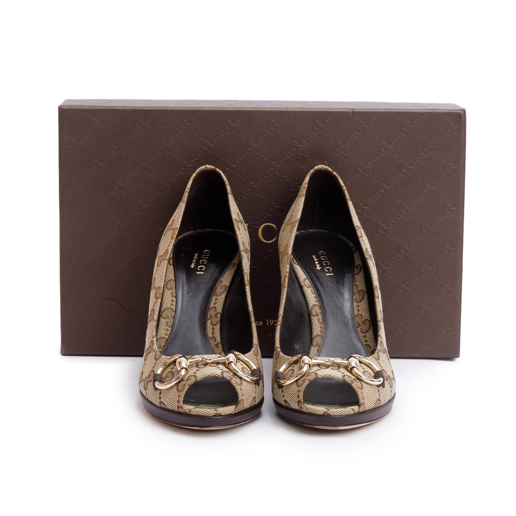 Gucci Beige GG Canvas New Hollywood Horsebit Peep-Toe Pumps, Size 37 w/ Box