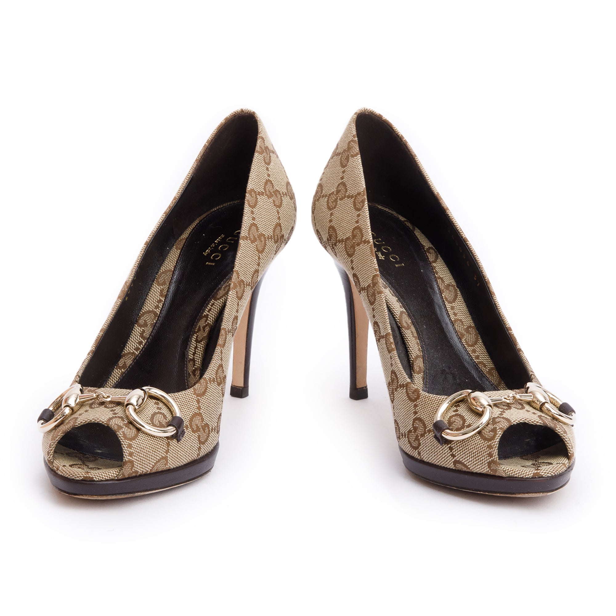 Gucci Beige GG Canvas New Hollywood Horsebit Peep-Toe Pumps, Size 37 w/ Box