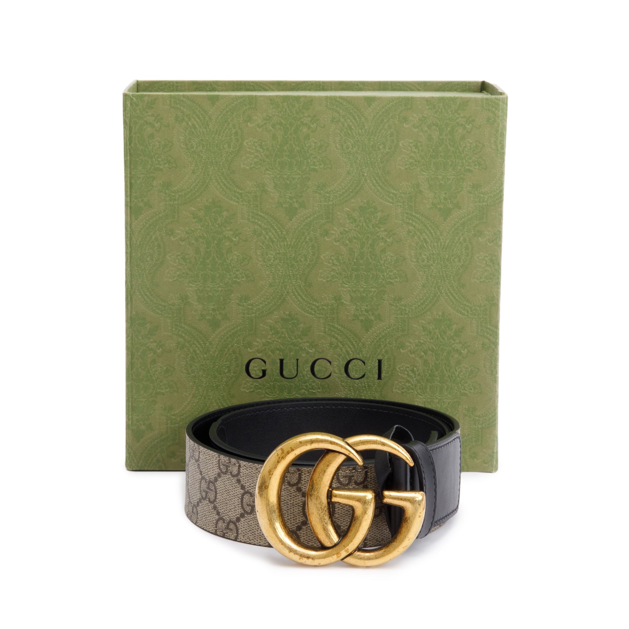 Gucci Beige GG Supreme Black Leather Double G Wide Belt 75 30 w/ Box