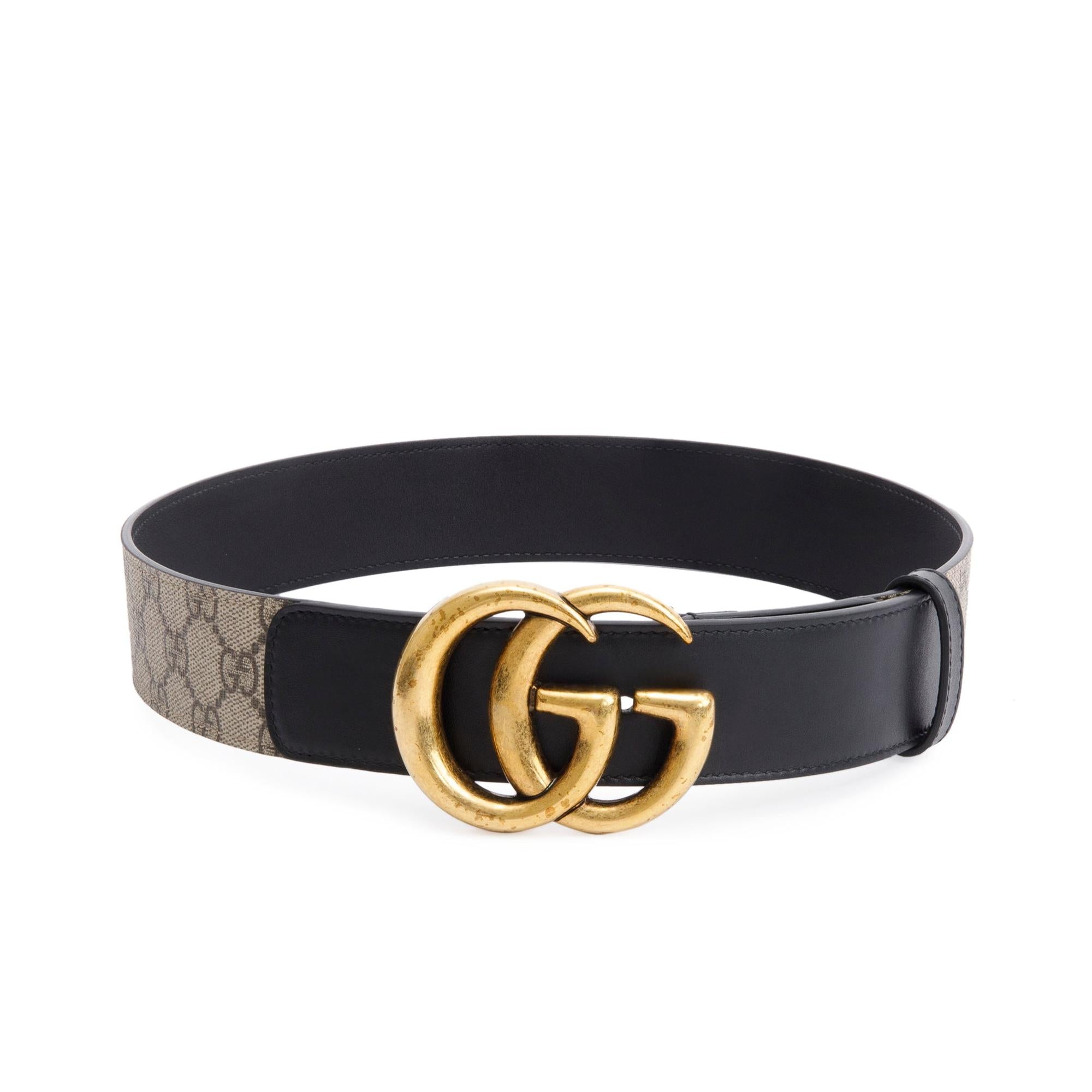 Gucci Beige GG Supreme Black Leather Double G Wide Belt 75 30 w/ Box