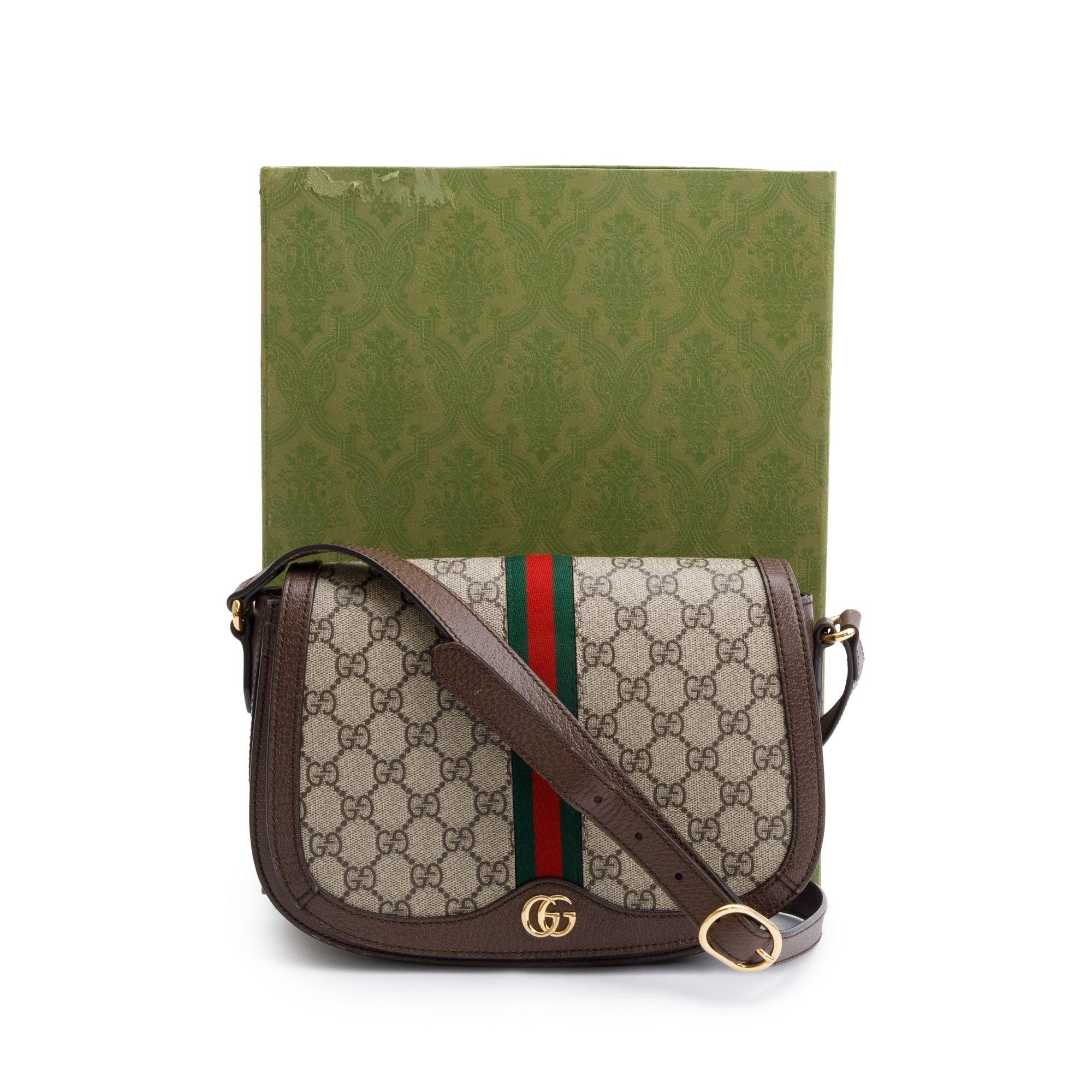 Gucci Beige GG Supreme Web Small Ophidia Flap Messenger Bag w/ Box