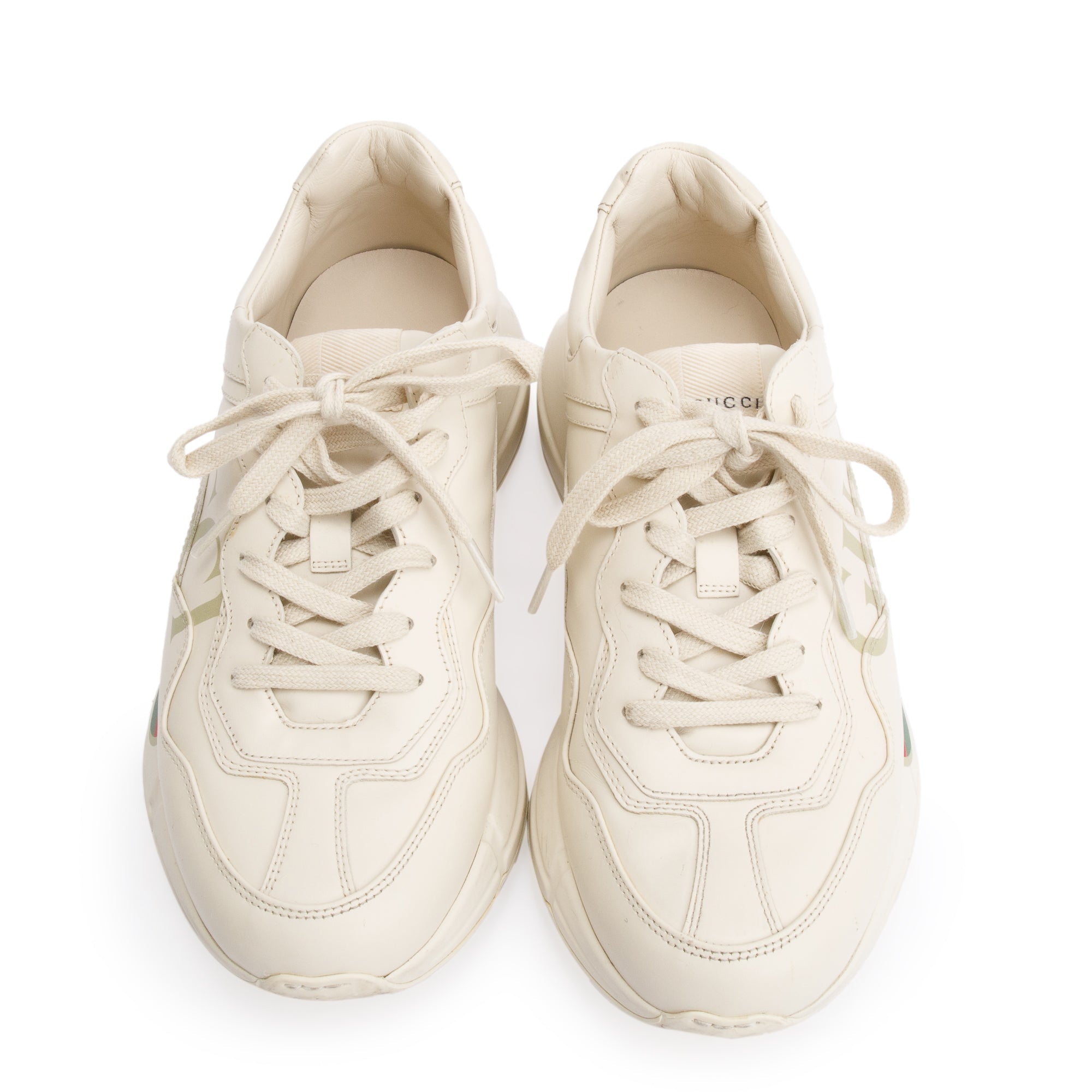 Gucci Beige Leather Men's Rhyton Gucci Logo Sneakers, Size 37.5 w/ Box