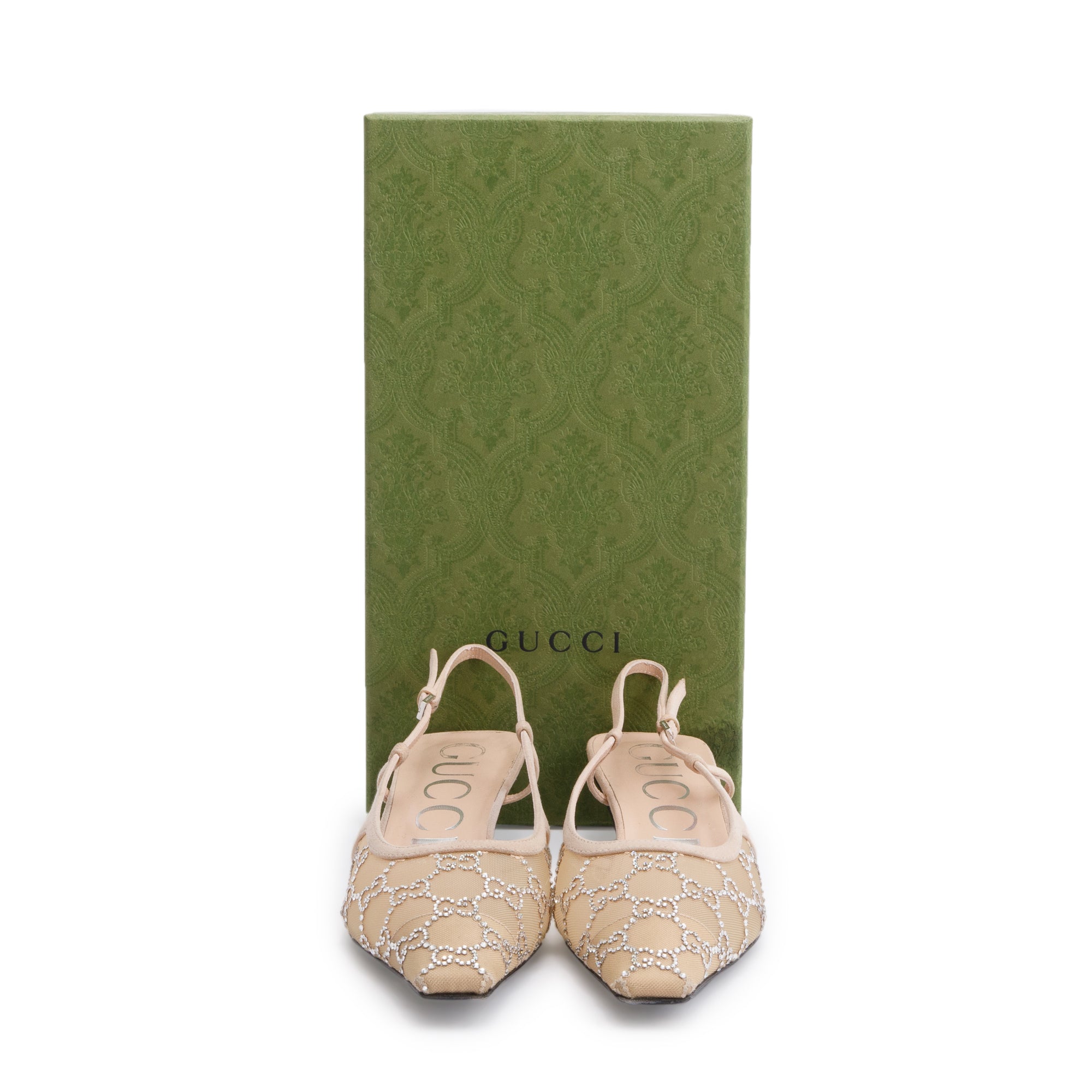 Gucci Beige Mesh & Suede GG Crystal Slingback Ballet Flats, Size 39 w/ Box