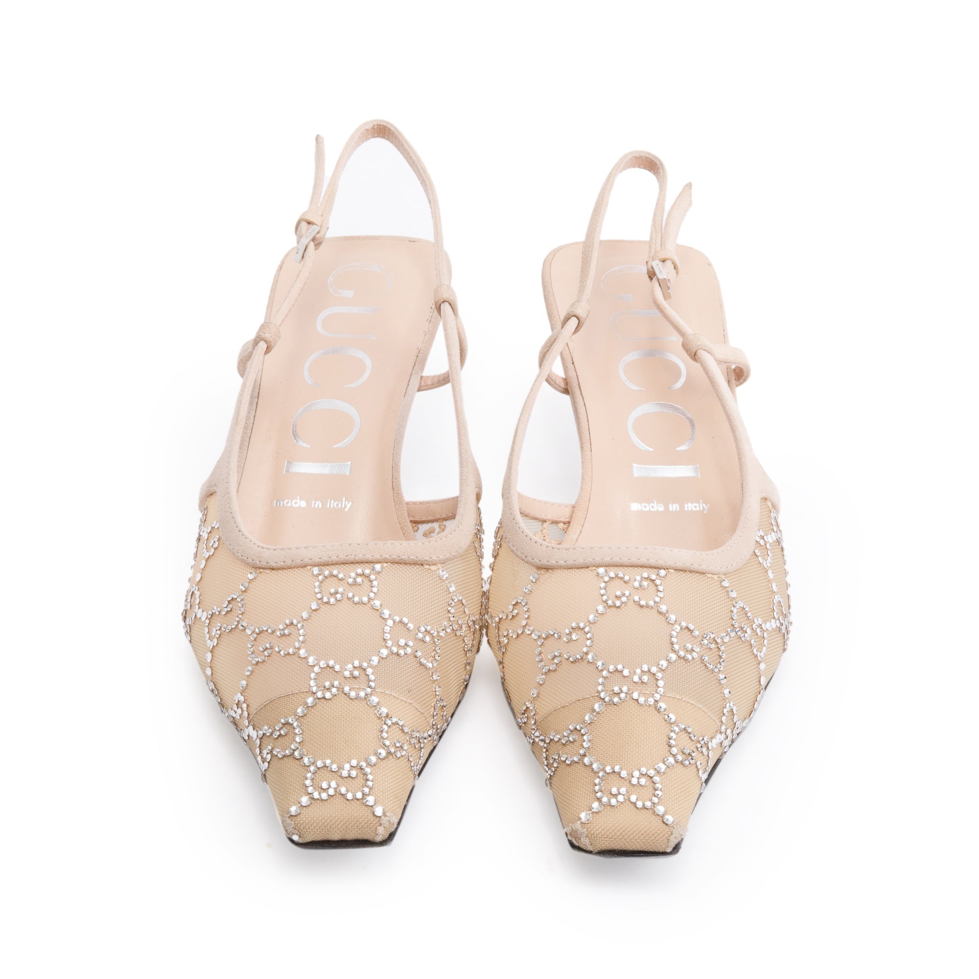 Gucci Beige Mesh & Suede GG Crystal Slingback Ballet Flats, Size 39 w/ Box